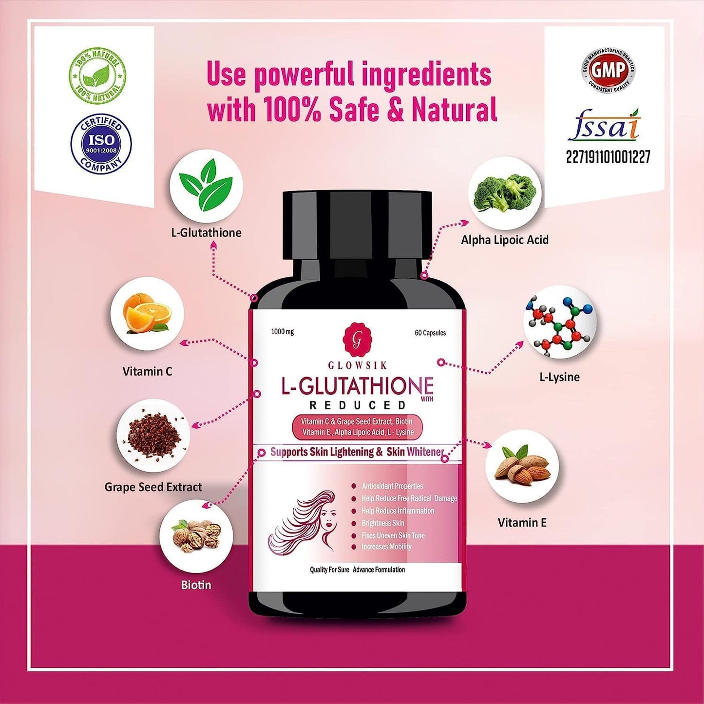 Generic Organic Touch Boitec Natural & Pure L Glutathione Capsules with Alpha Lipoic Acid, Grape Seeds, Vitamin C and E, with Power of Biotin-1000mg- 60 Capsules