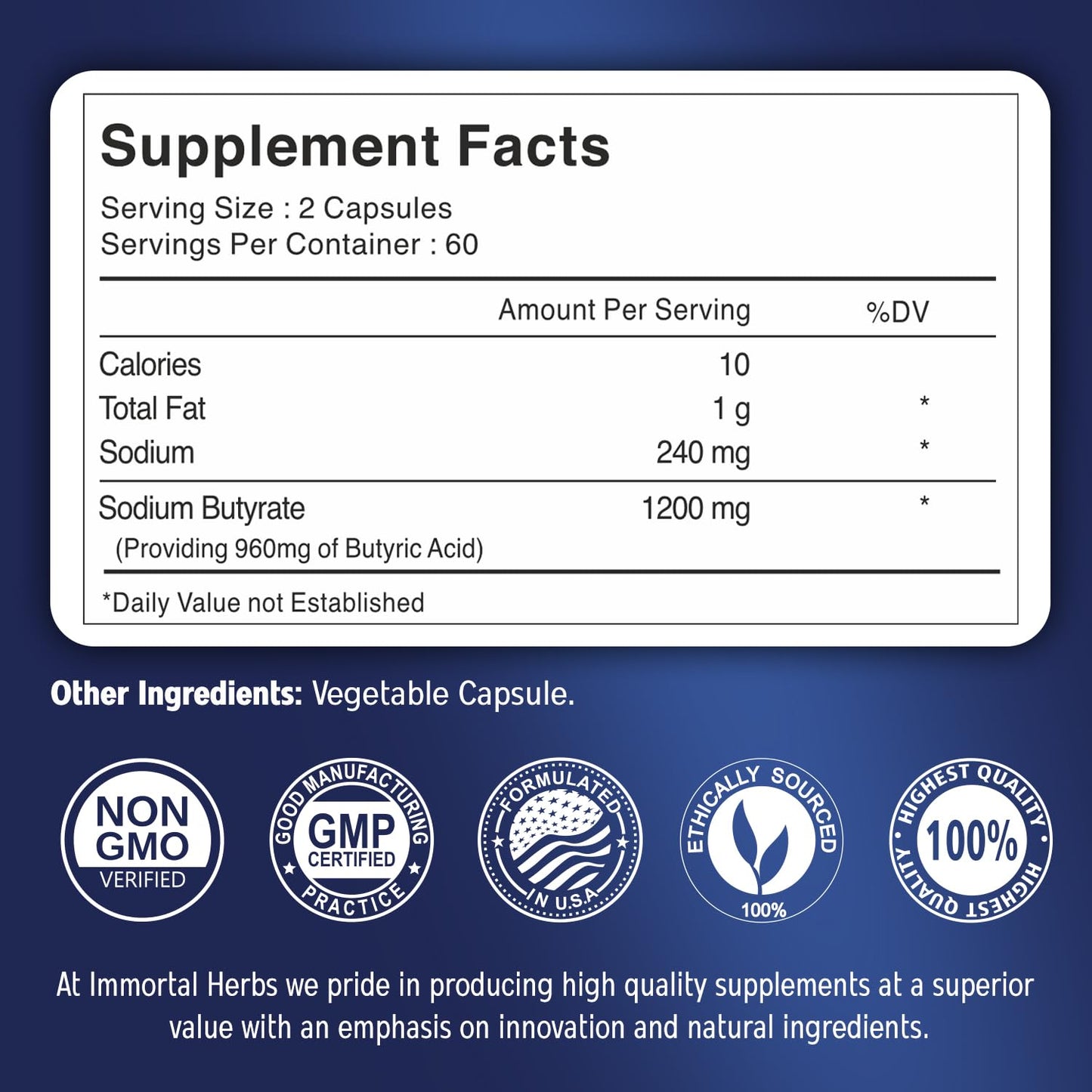 Immortal Herbs Sodium Butyrate Capsules 120 Count