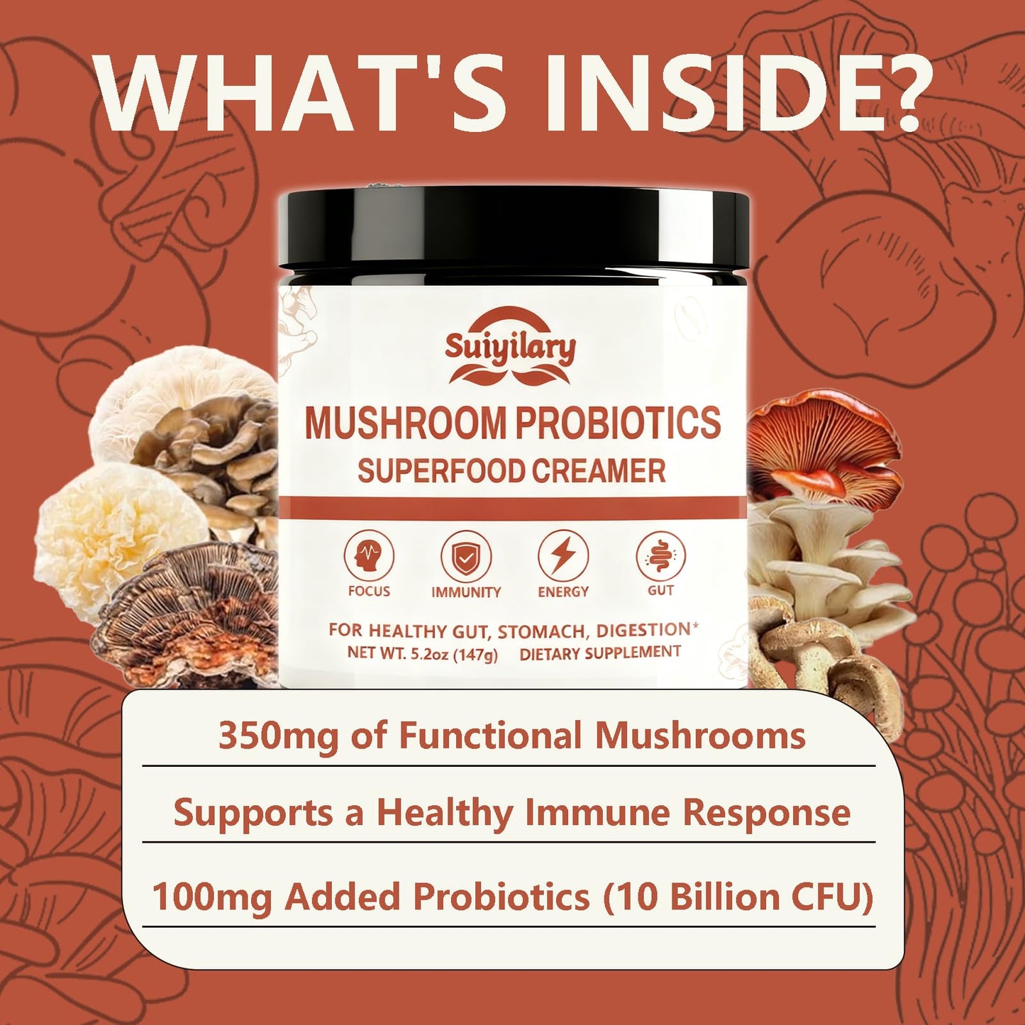 Suiyilary Mushroom Probiotic Coffee Creamer Powder, 5.2 oz