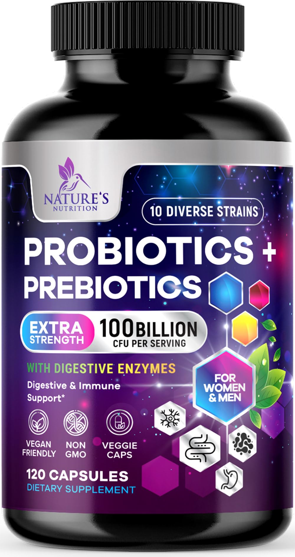 Nature's Nutrition Probiotics 100 Billion CFU Per Serving - 10 Premium Strains + Prebiotics, 120 Capsules