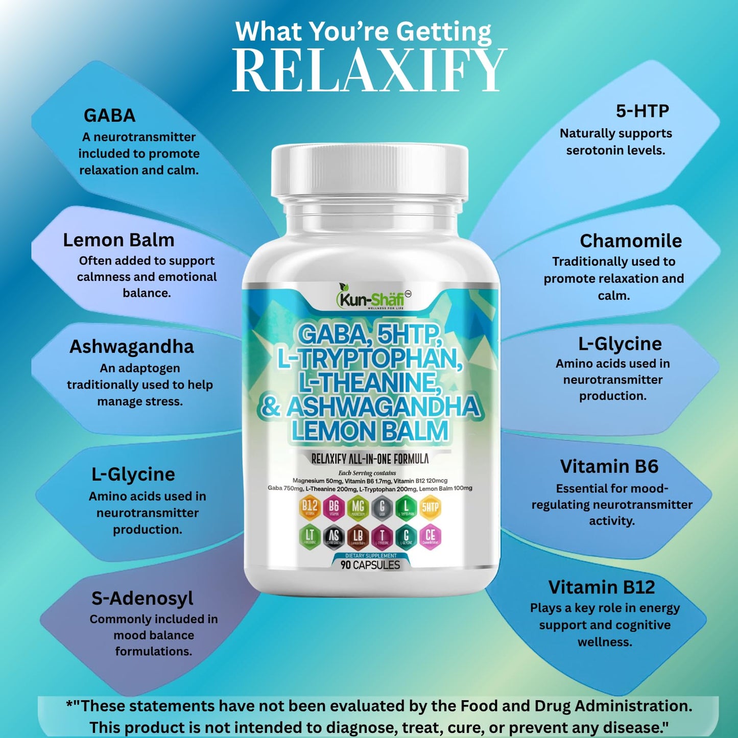 Kun Shafi GABA 750mg, 5-HTP 100mg, L-Tryptophan, L-Theanine, Ashwagandha, SAM-e, L-Glycine-Mood Support Vitamins for Women and Men with L-Tyrosine, S-Adenosy, L-Methionine 90 Capsules