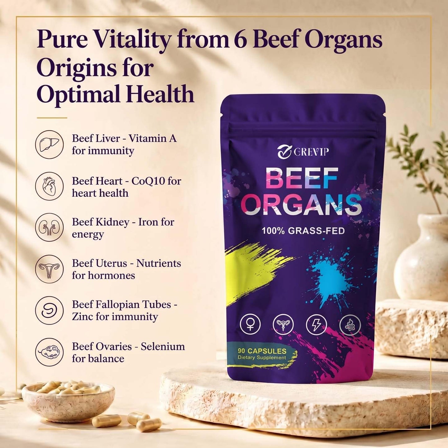 GREVIP Beef Organ Supplement for Women Capsules, 90 Count