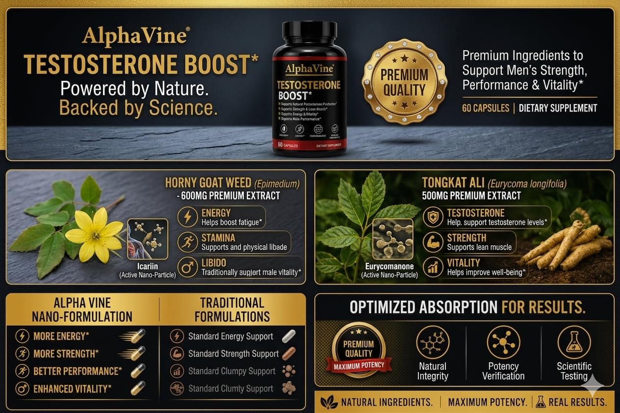 ALPHAVINE Testosterone Booster for Men, Horny Goat Weed, Tongkat Ali and Saw Palmetto, 60 Capsules