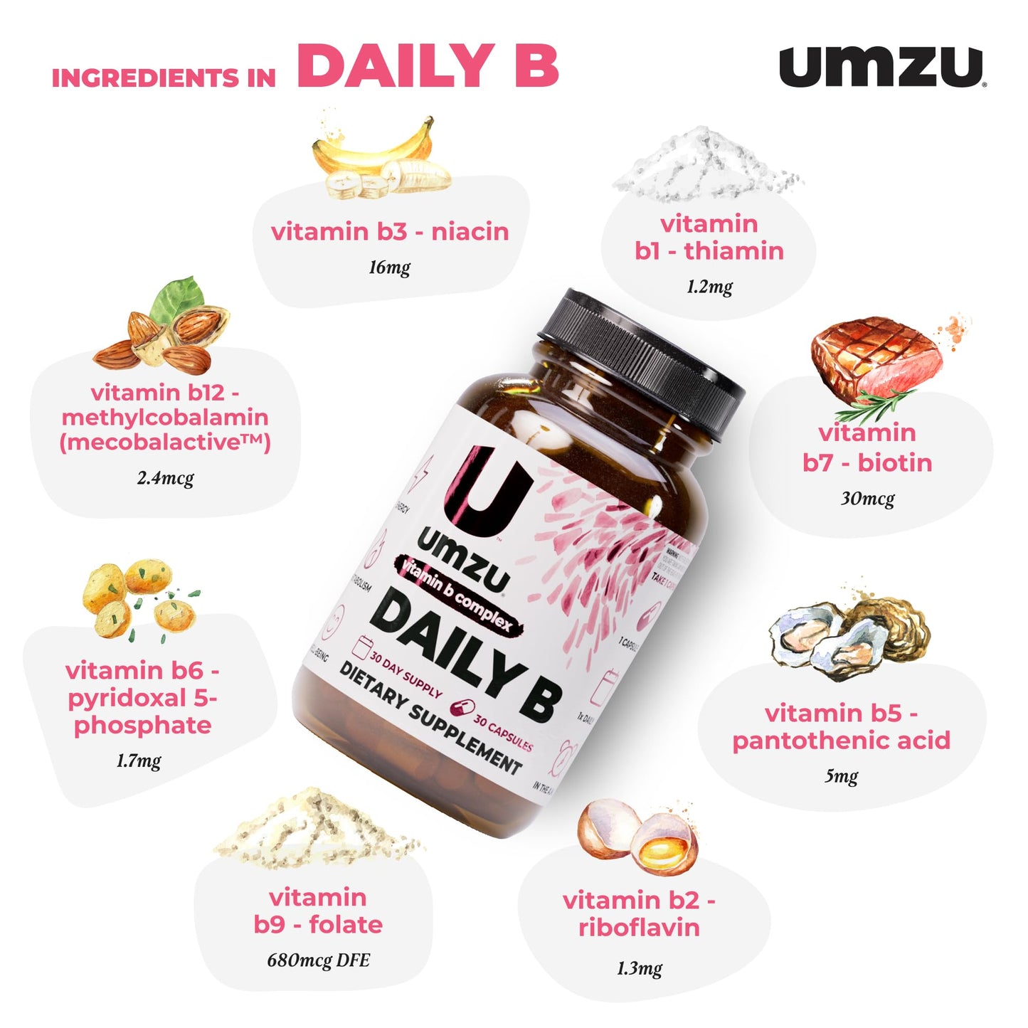 UMZU Daily B Vitamin B-Complex Capsules, 30 Count