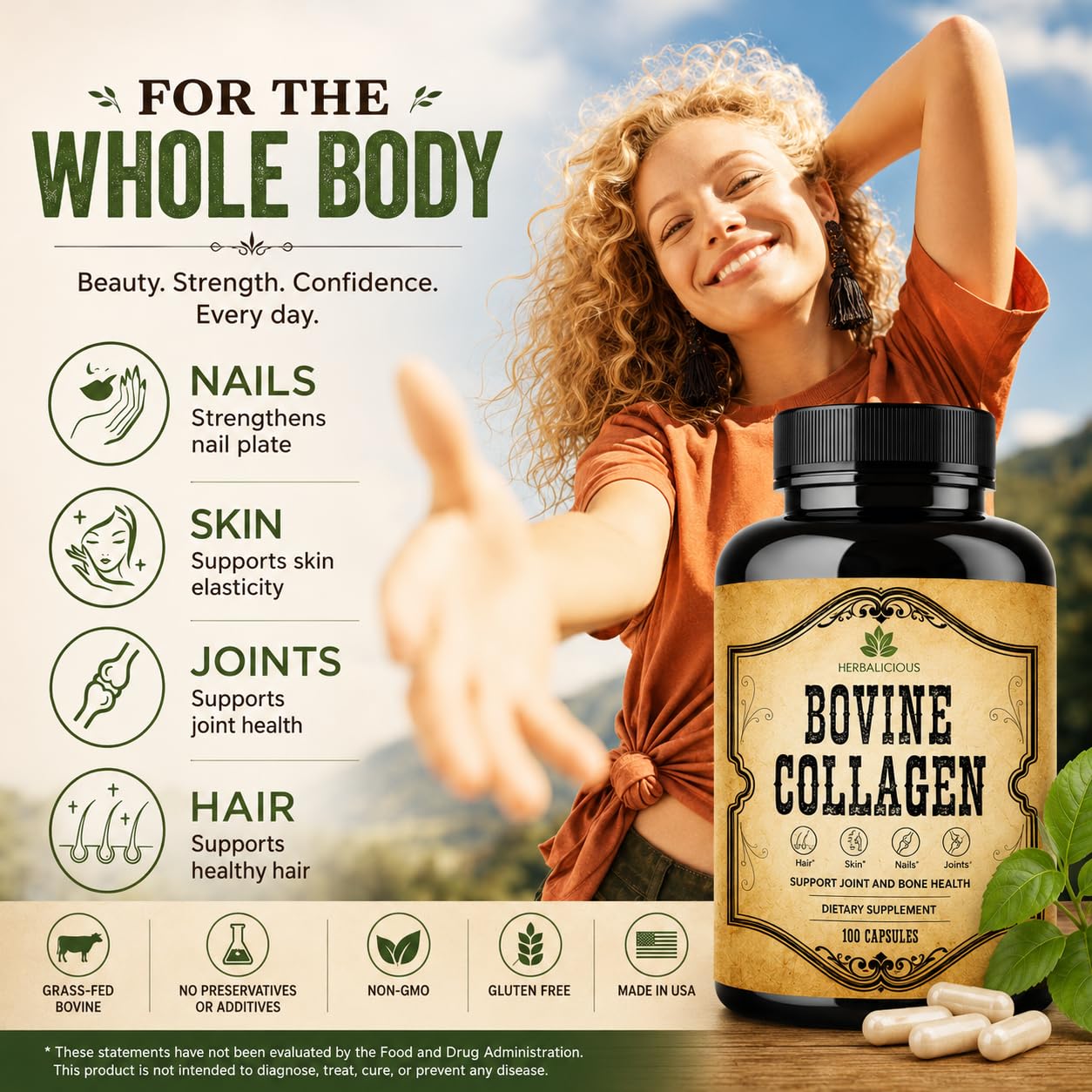 HERBALICIOUS Bovine Collagen Supplements for Men and Women 100 Capsules