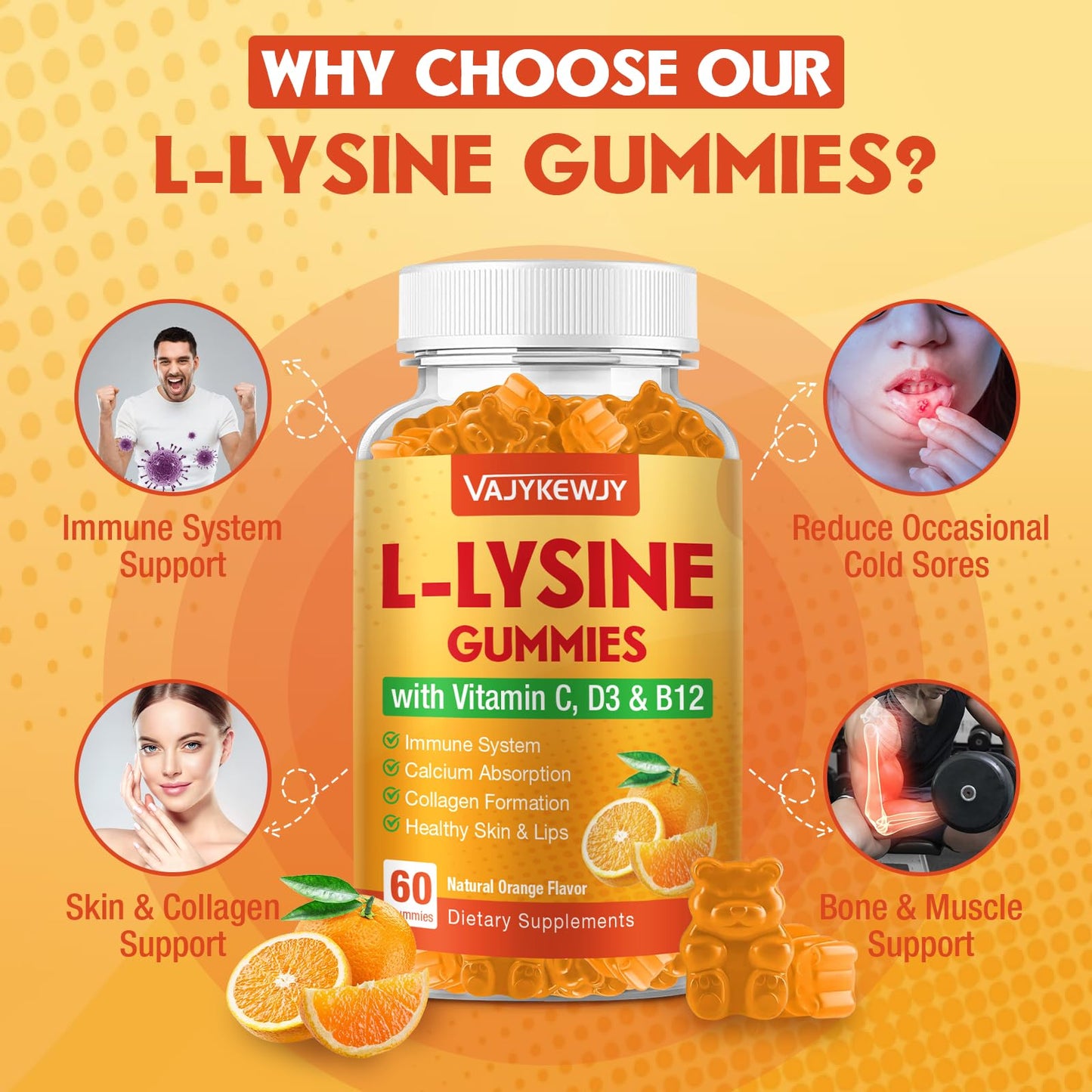 VAJYKEWJY L-Lysine Gummies 1000 mg for Immune Support, 60 Count