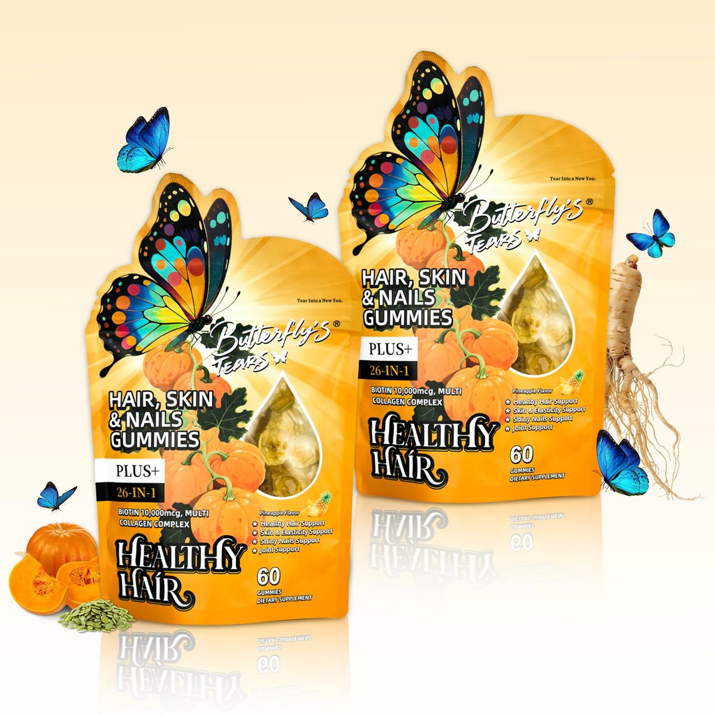 BUTTERFLY'S TEAR Hair Skin & Nails Gummies with Biotin 10000 mcg Collagen Complex, Supports Healthy Hair and Hair Growth, Healthy Skin, Stronger Nails 120 Count