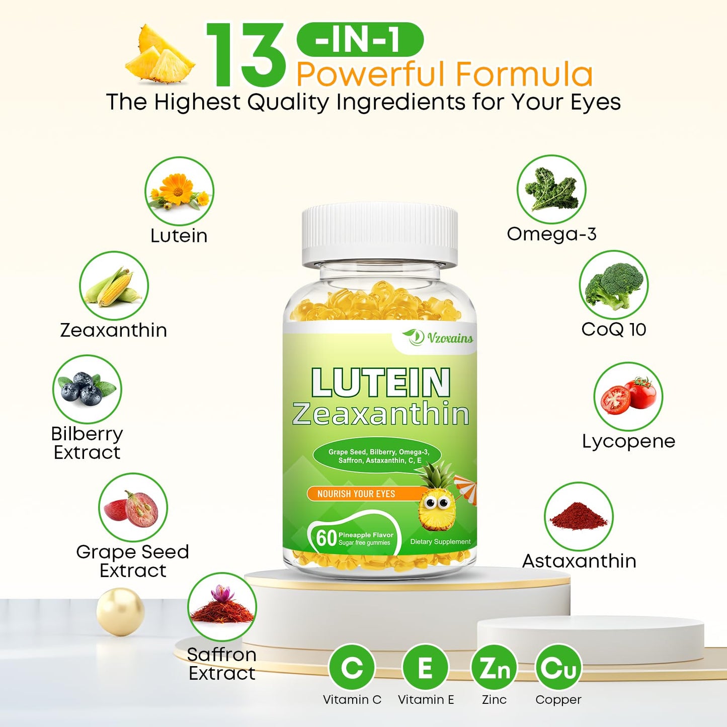 VZOXAINS Lutein 20 mg with Zeaxanthin Gummies, 60 Count