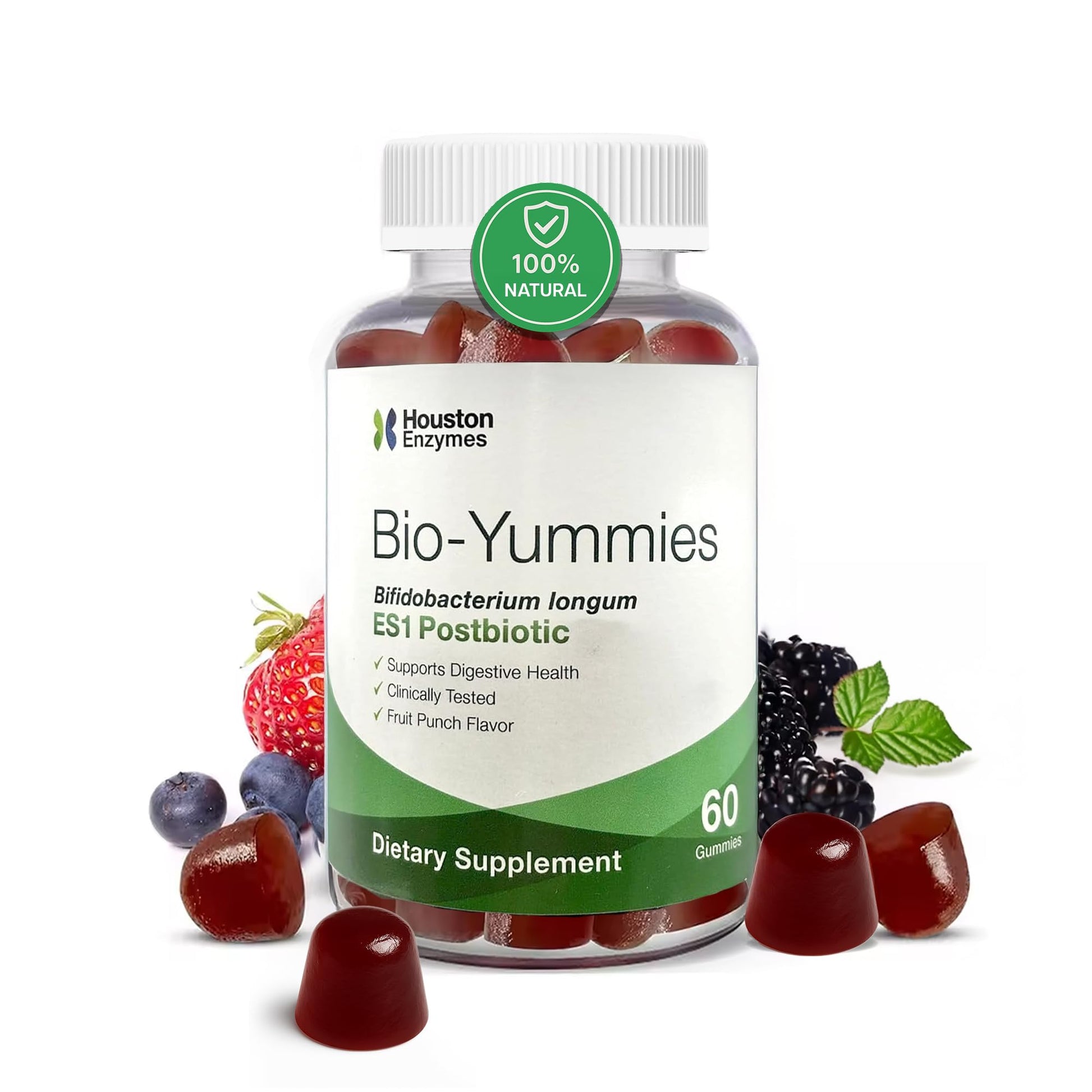 Houston Enzymes BioYummies Postbiotic Digestive Health Supplement with ES1 Postbiotics, Gut Health for Men & Women, Metabolites from Prebiotics and Probiotics, 60 Fruit Punch Flavor Chewable Gummies, 1 Count