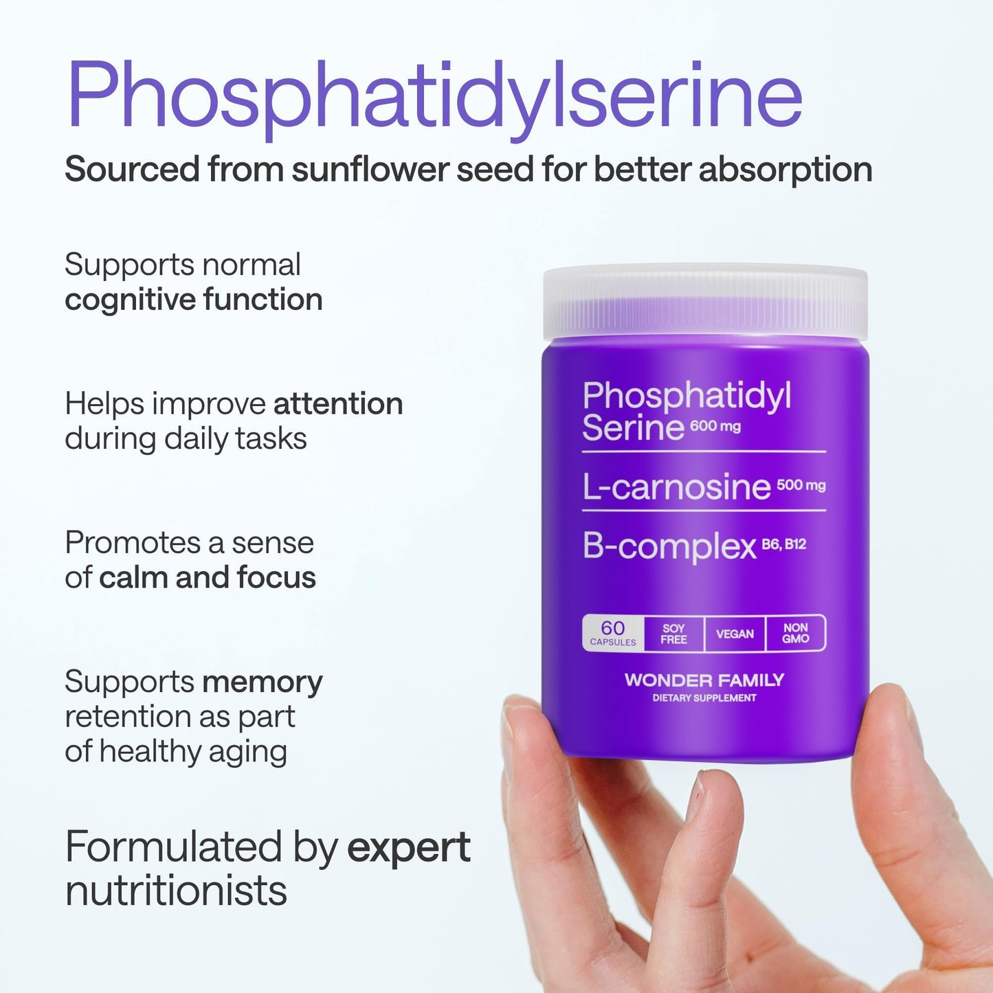 WONDER FAMILY Phosphatidylserine 600 mg Brain Supplement for Memory and Focus – Calm Focus & Advanced Brain Support with L-Carnosine 500 mg + B6 B12 Folate – Sunflower Soy Free, 60 Capsules