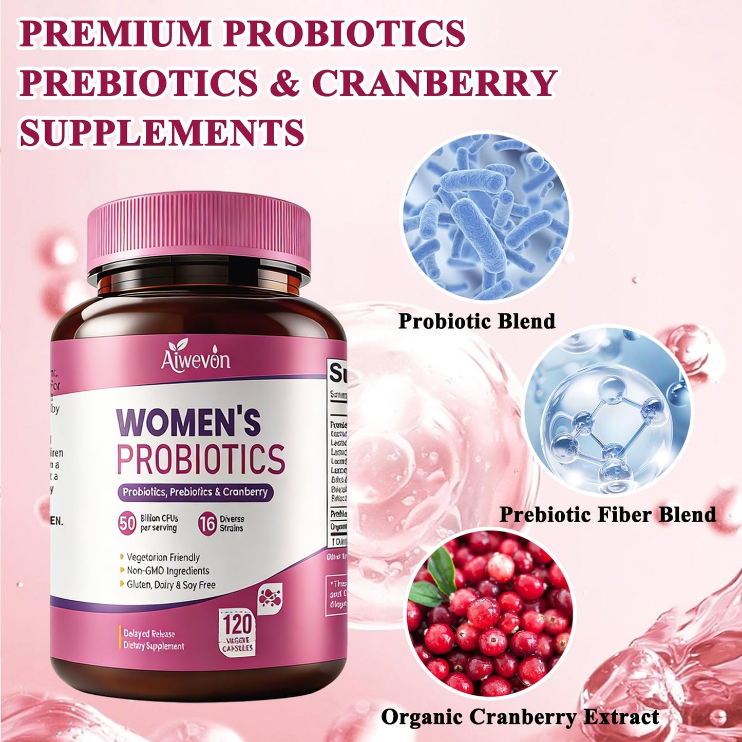 Aiwevon Women Probiotics 50 Billion CFU with Prebiotics & Cranberry, 16-Strain Probiotic for Digestive Gut Health, Vaginal & Urinary Tract Support, 120 Capsules