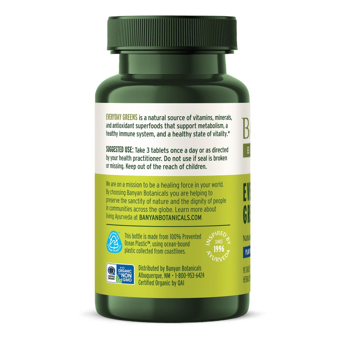 Banyan Botanicals Organic Everyday Greens Concentrated Superfood Tablets Spirulina, Wheat Grass & Alfalfa for Cellular Vitality & Antioxidant Support, 90 Tablets, USDA Organic
