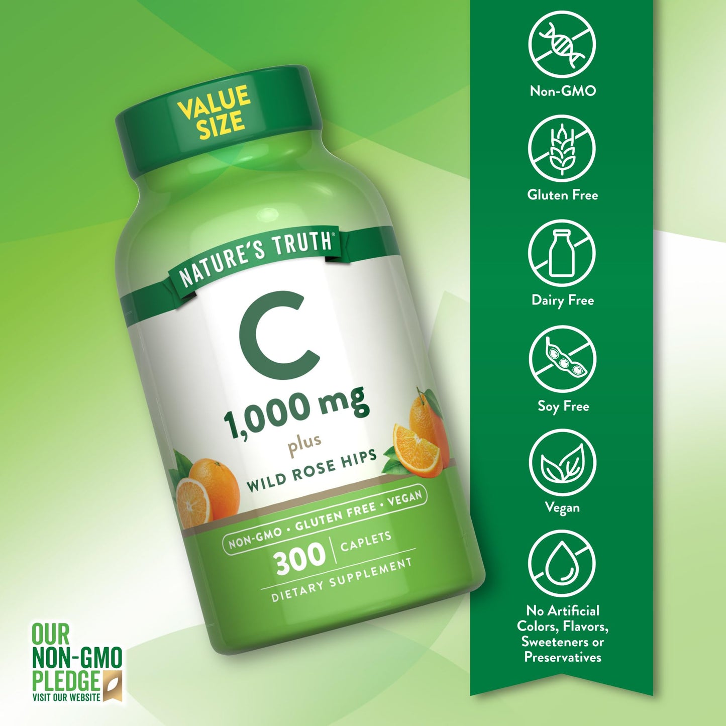 Nature's Truth Vitamin C 1000mg with Rose Hips Caplets, 300 Count