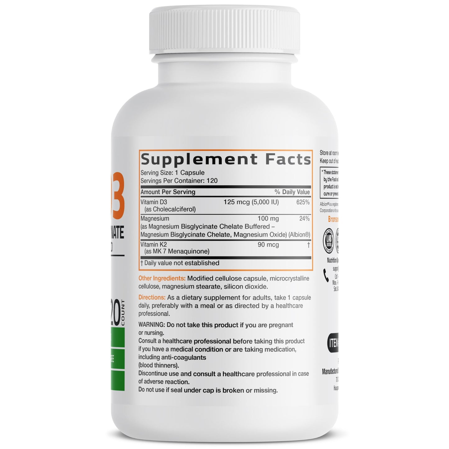 Bronson Vitamin K2+D3 Magnesium Glycinate Supplement Capsule, 120 Capsules