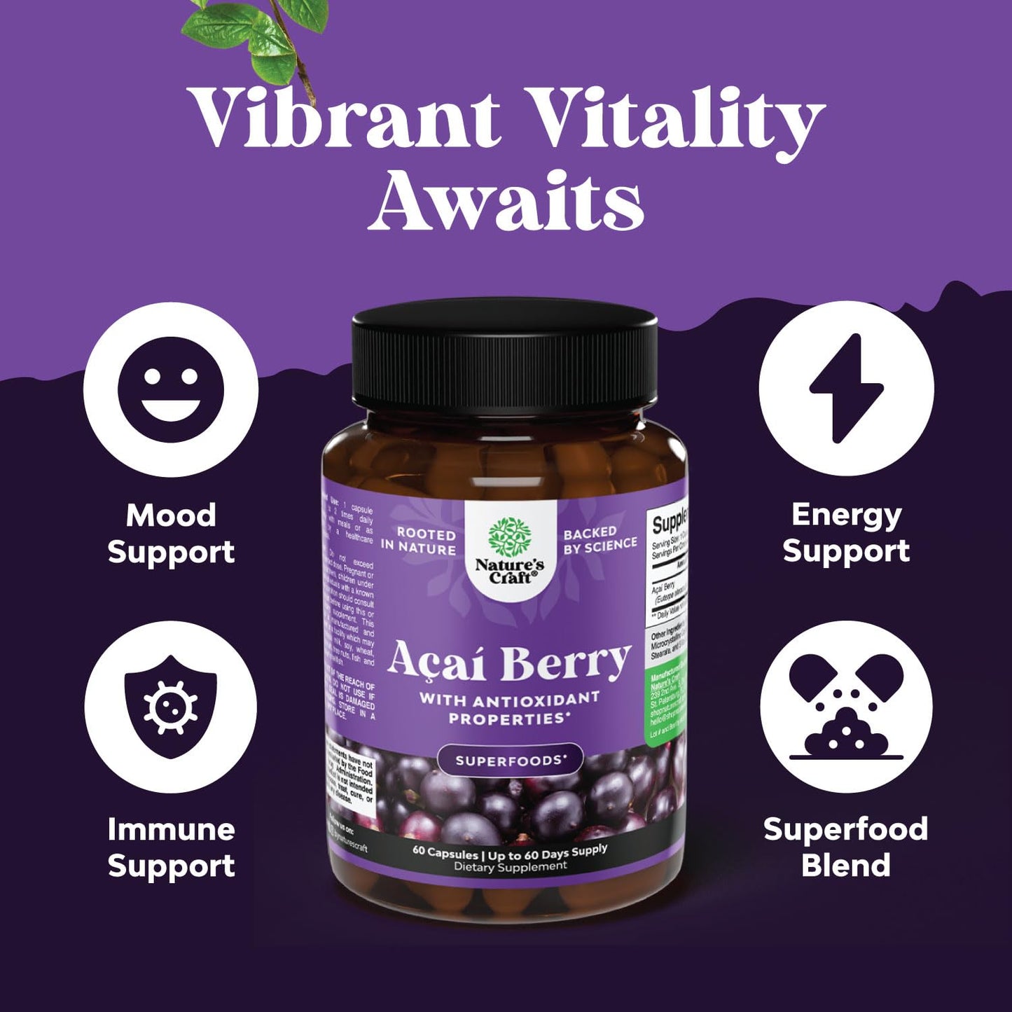 Natures Craft Acai Berry Supplement for Energy & Weight Goals Capsule, 60 Count