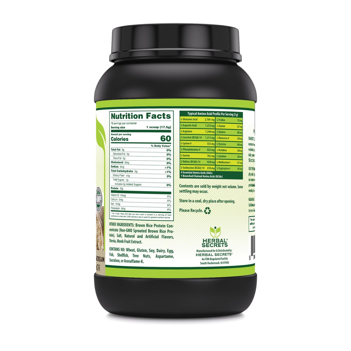 Herbal Secrets Brown Rice Protein Supplement Powder, Cookies & Cream, 48 Servings