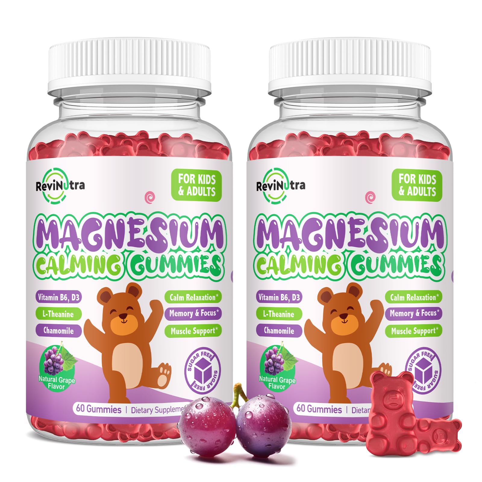 ReviNutra Magnesium Glycinate Gummies with L-Theanine, Vitamin B6, D3 for Sleep & Relaxation, Sugar Free Grape, 120 Gummies