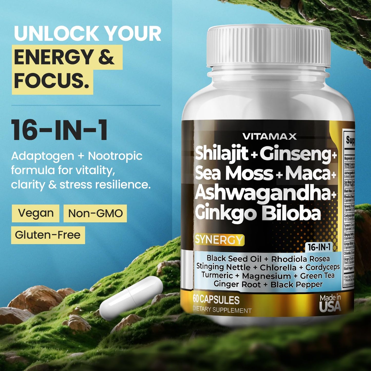 Vitamax Pure Himalayan Shilajit Supplement with Ashwagandha, Sea Moss, Rhodiola Rosea, Gingko Biloba - Fulvic Acid & Trace Mineral Capsules, 120 Count