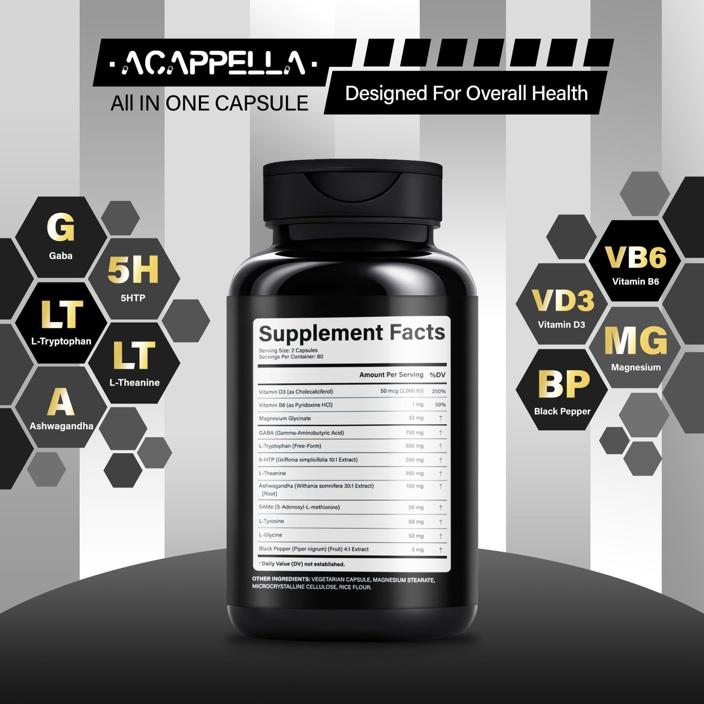 ACAPPELLA GABA Ashwagandha 5-HTP L-Theanine L-Tryptophan Emotional Mood Support Capsule, 120