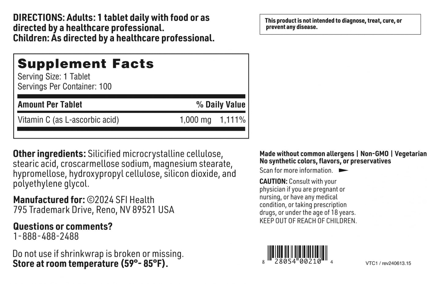 SFI Health Vitamin C 1000 mg L-Ascorbic Acid Coated Tablets, 100 Count