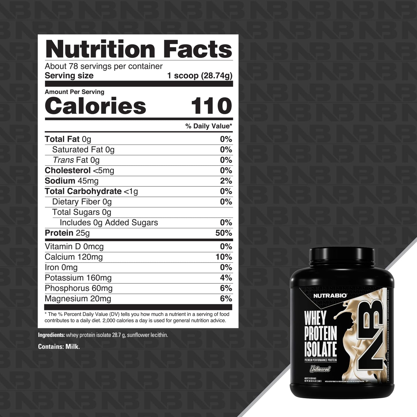 NutraBio 100% Whey Protein Isolate Protein Powder, 5 Lbs, 80