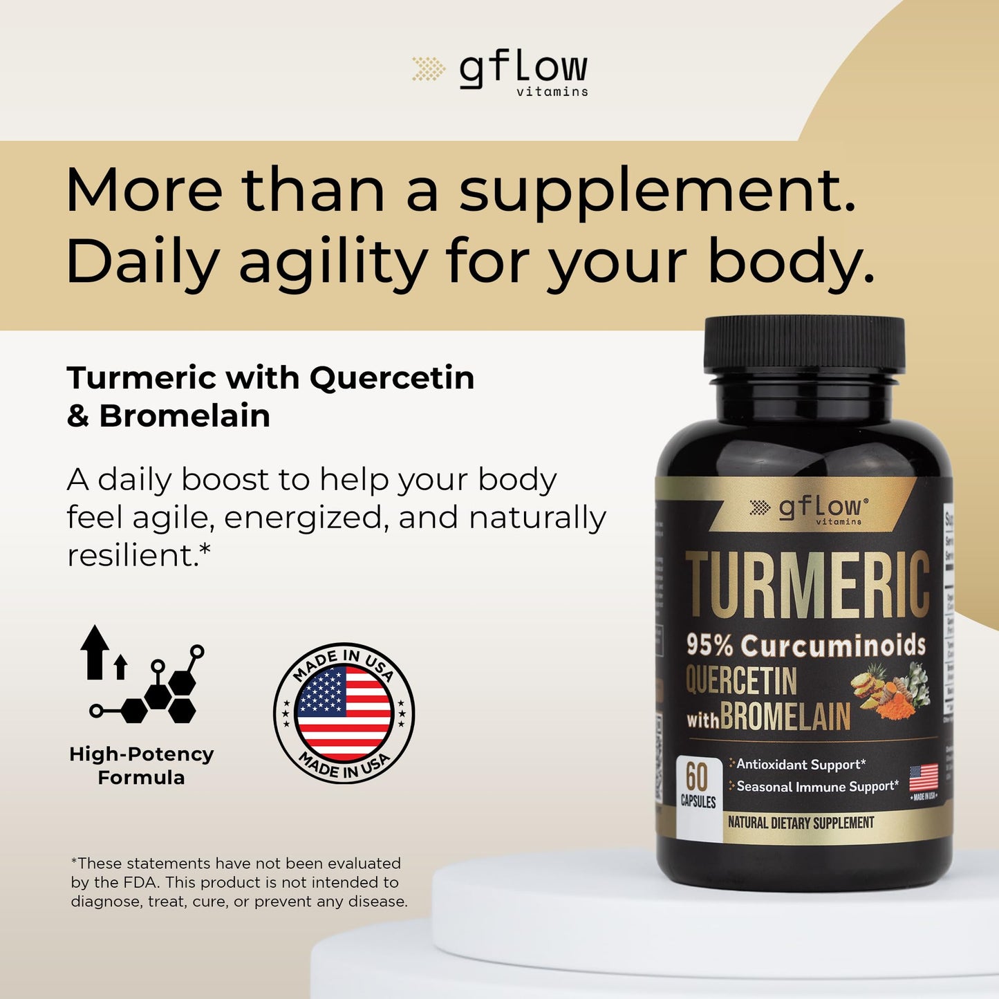 gflow vitamins Turmeric Curcumin 95% Curcuminoids + Quercetin with Bromelain Capsules, 60 Count