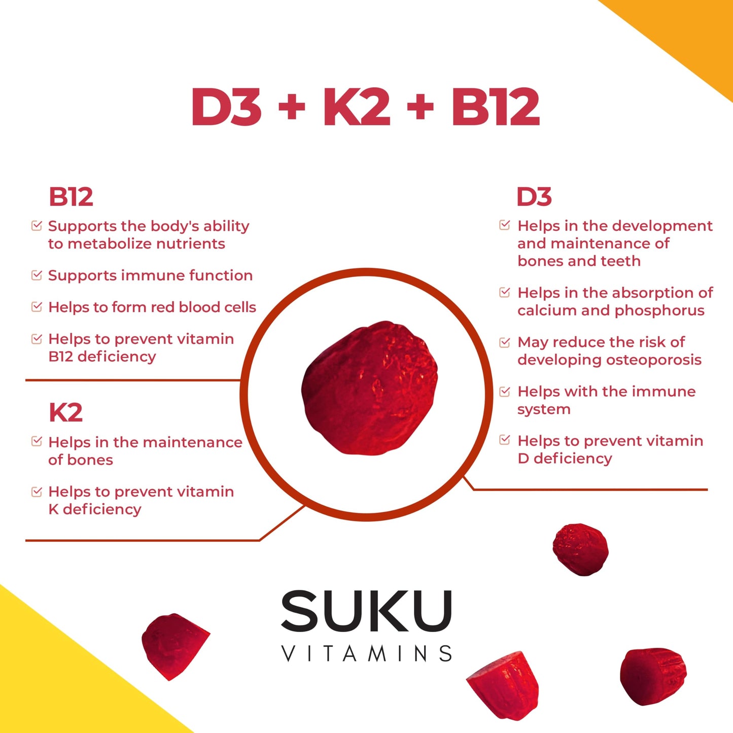 SUKU Vitamins Vegan D3 + K2 + B12 Gummy, 1 Count