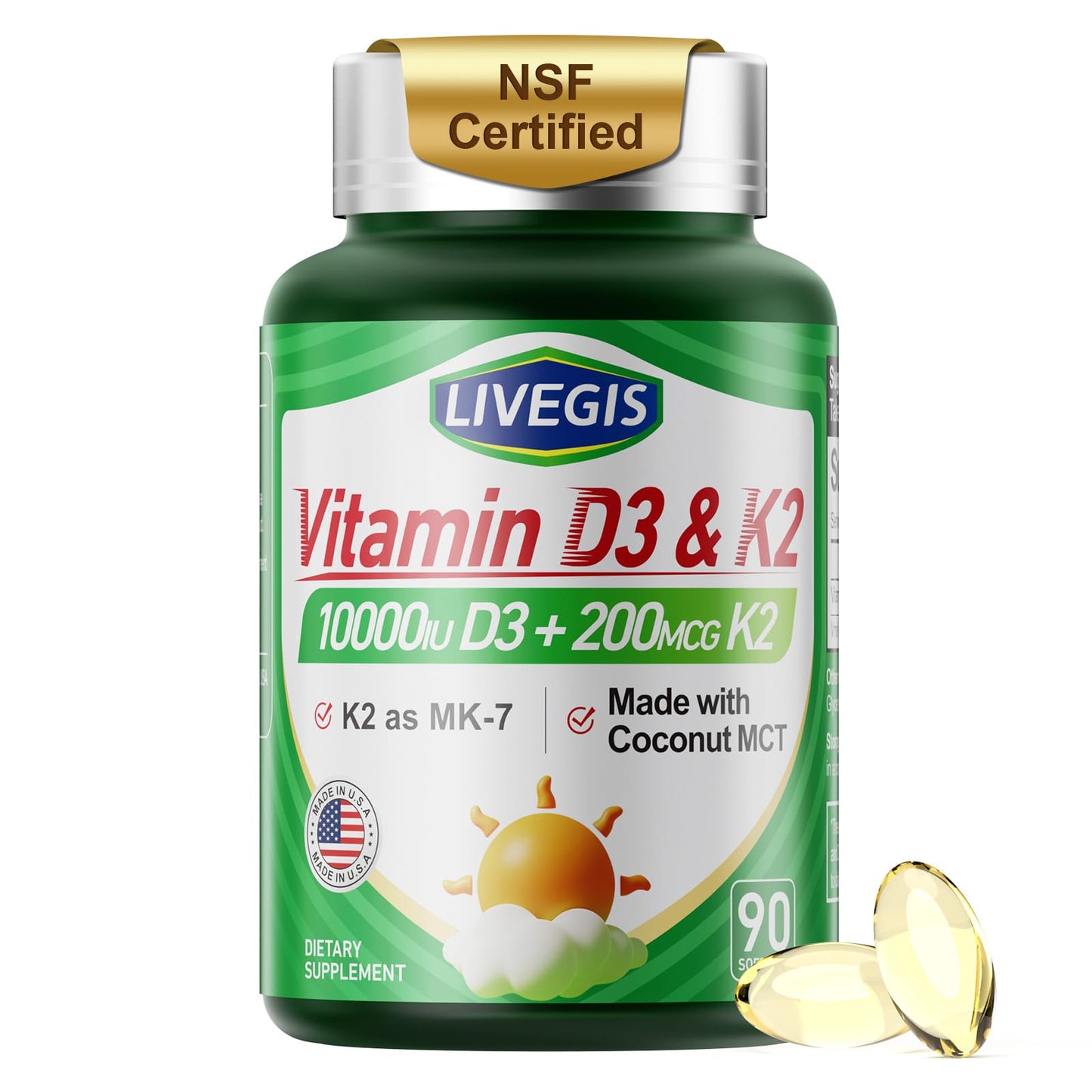 LIVEGIS Vitamin D3 K2 10000 IU Softgels, 90 Count
