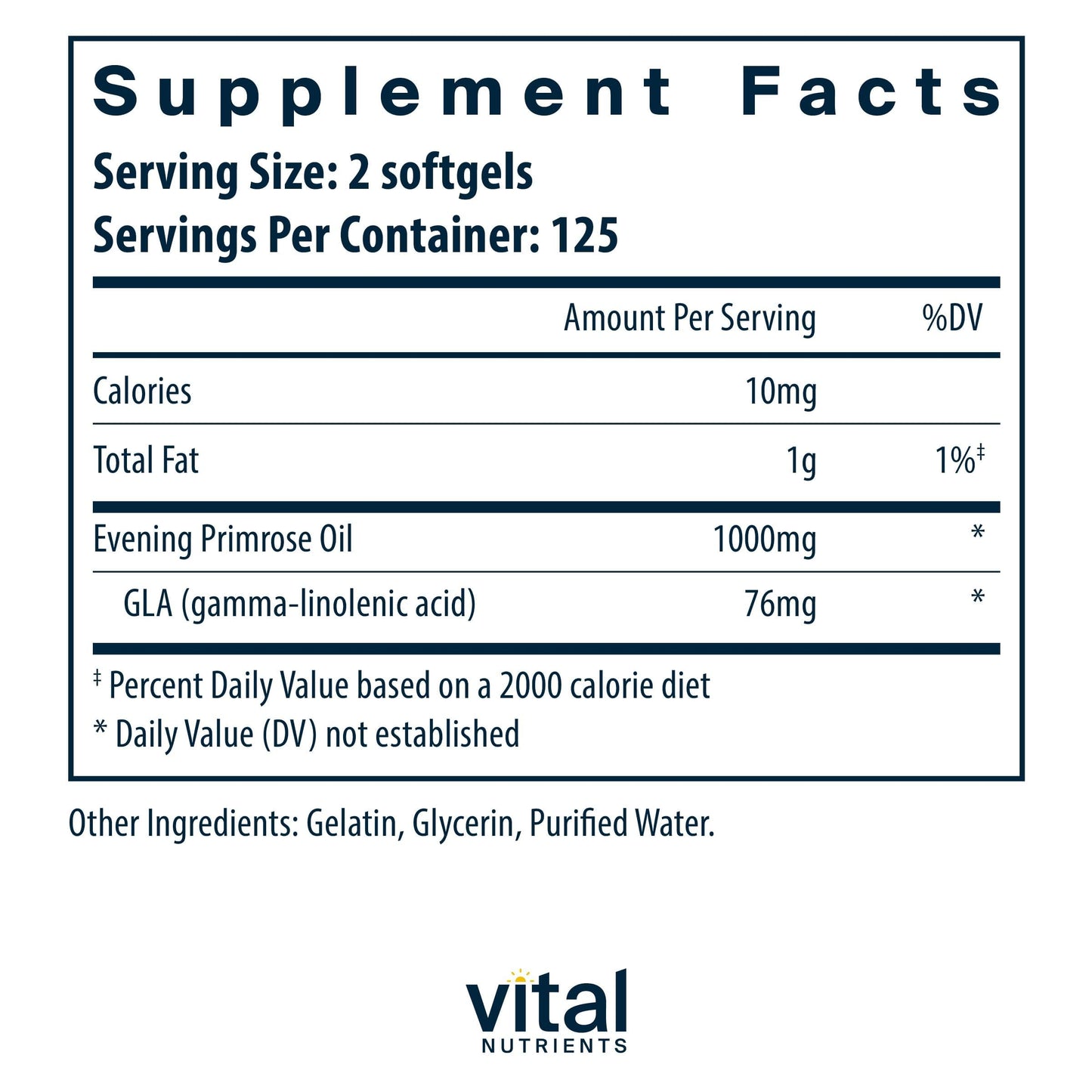 Vital Nutrients Evening Primrose Oil 1000mg Softgels, 250 Softgels