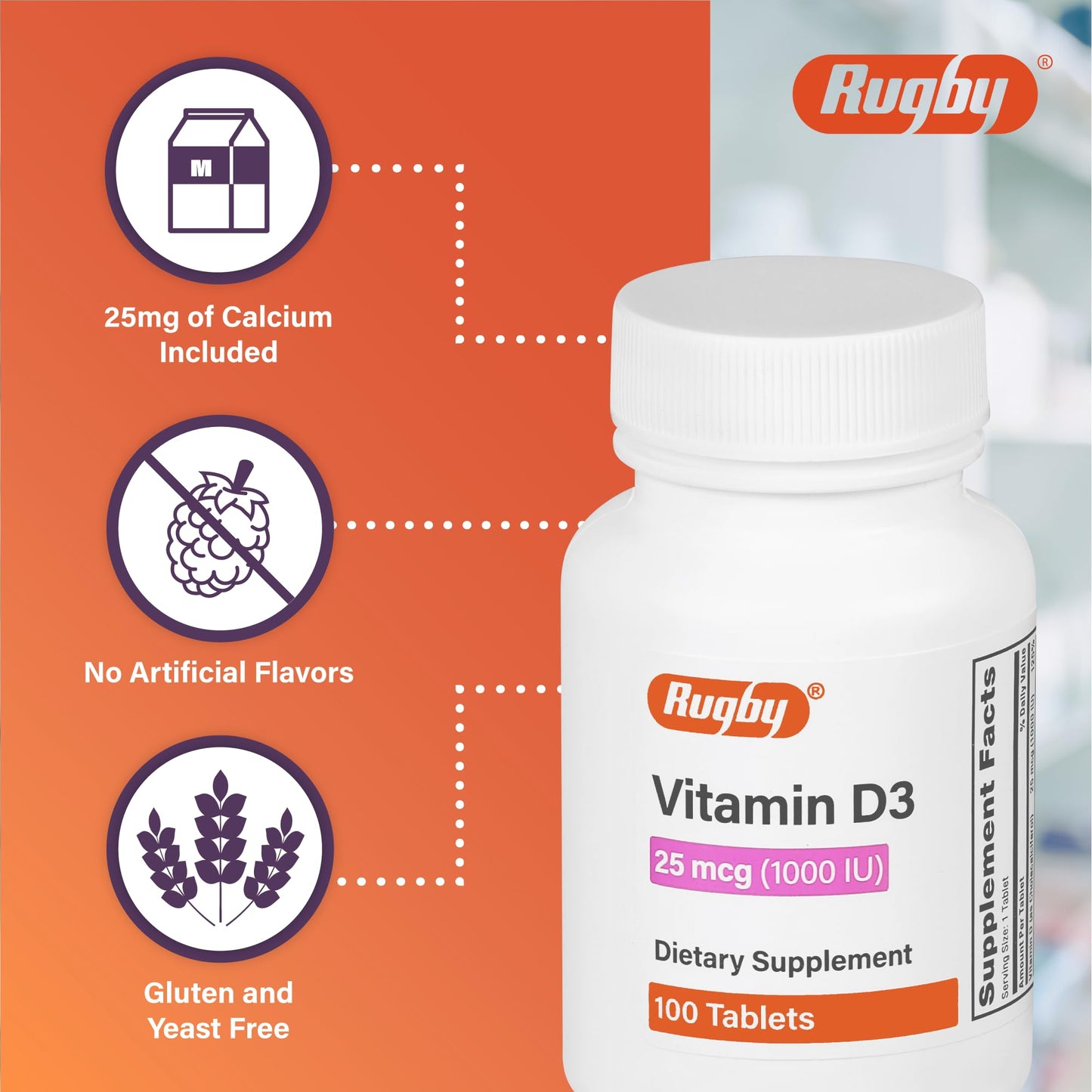 Rugby Laboratories Vitamin D3 25 mcg (1,000 IU) Tablet, 100 Tablets