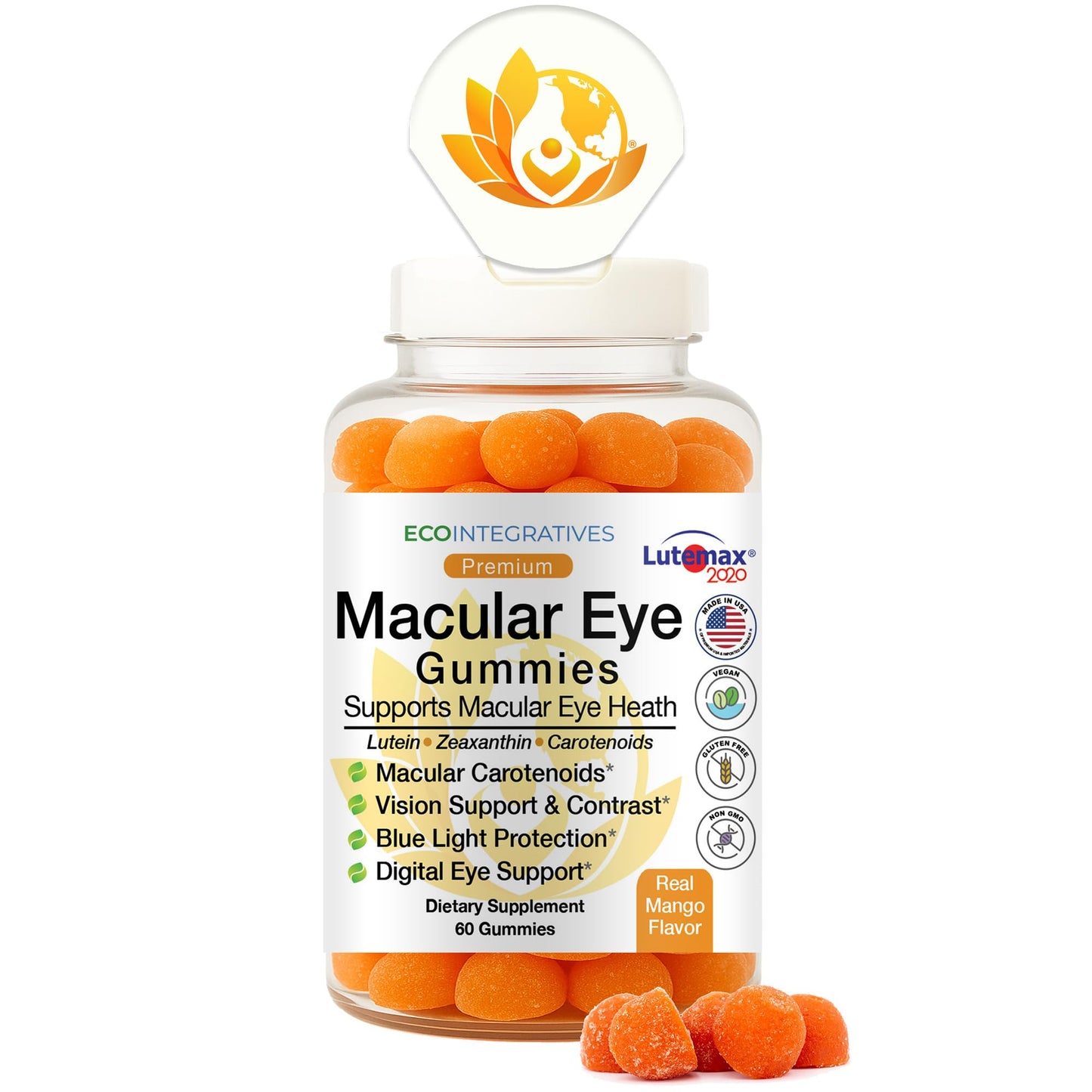 EcoIntegratives Premium Macular Eye Gummies with Lutemax 2020 – Lutein & Zeaxanthin Carotenoids for Eye Health, Blue Light & Vision Support, Real Mango Flavor, Easy Flip-Top Lid, 60 Gummies