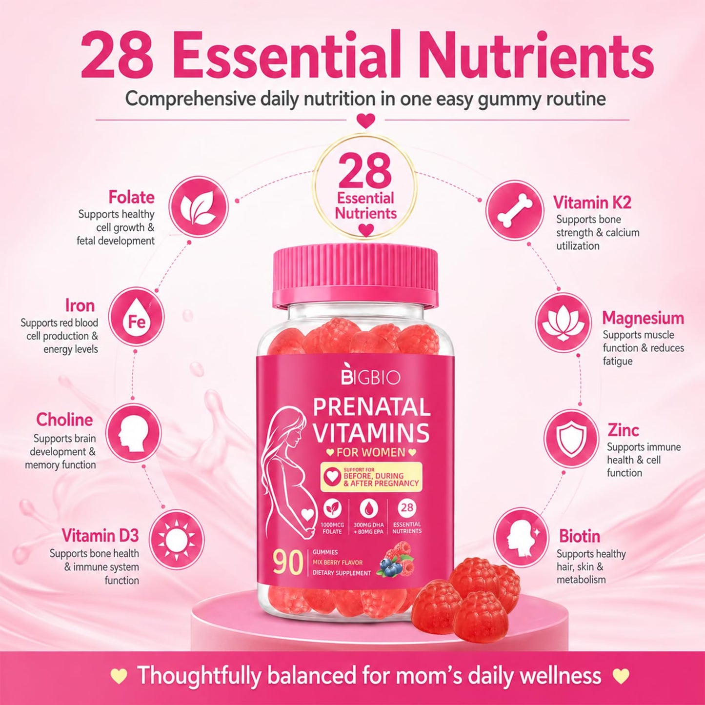 BIGBIO Prenatal Vitamins for Women Gummies, Methylfolate 1mg, Choline, Omega 3 DHA EPA, Iron, Probiotics & B Complex, Postnatal Vitamins for Breastfeeding, Sugar Free Vegan, Mixed Berry, 90 Count