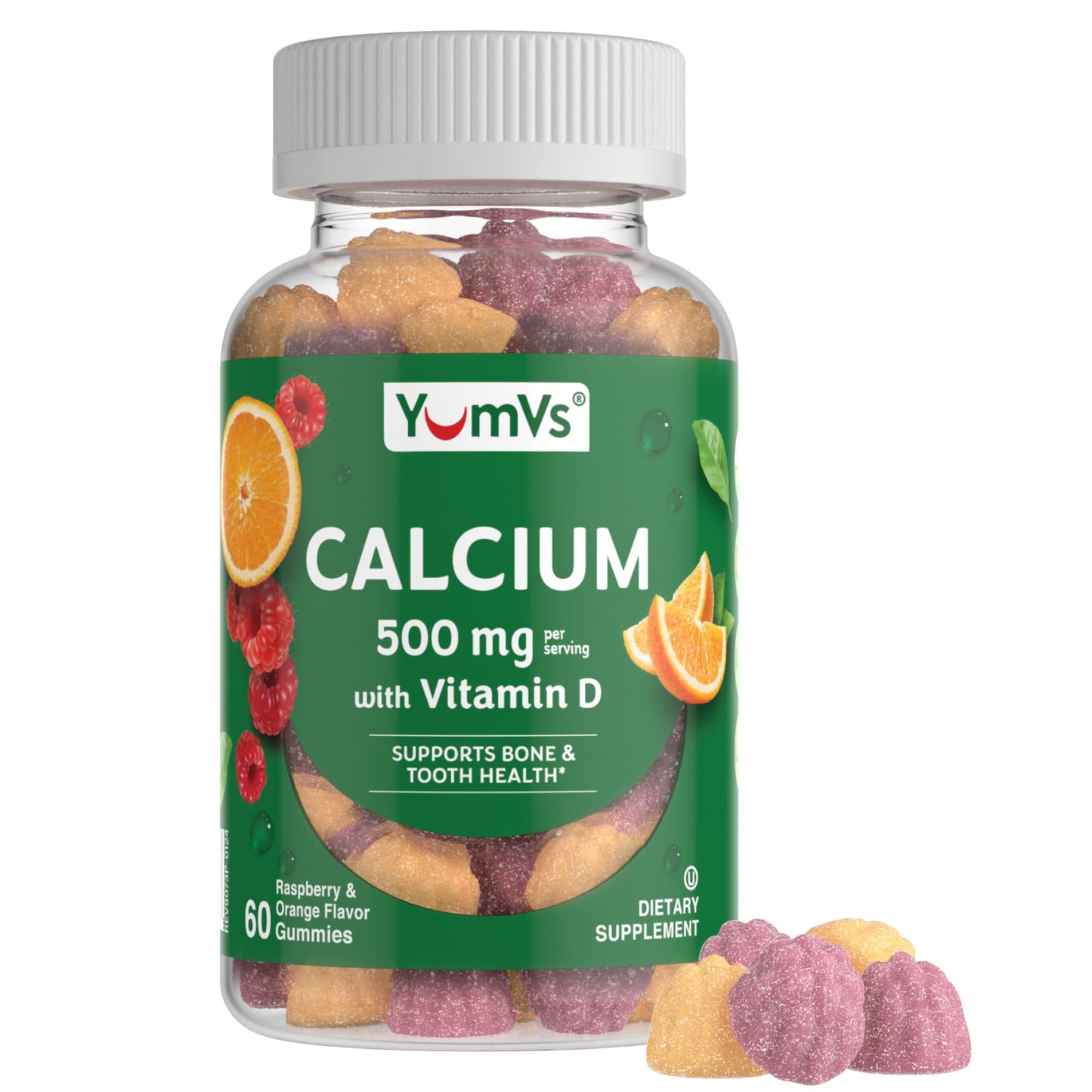 YUM-V'S Calcium 500mg with Vitamin D3 Raspberry & Orange Flavor Gummies, 60 Count