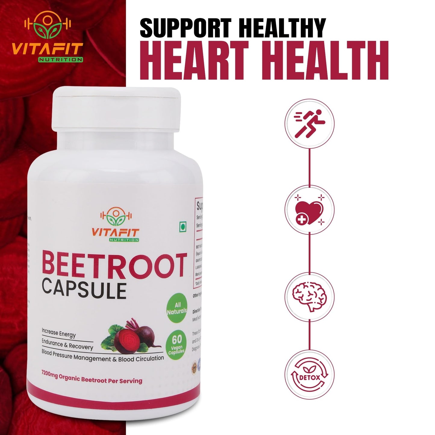 VITAFIT NUTRITION Beetroot Capsules 7200mg, 60 Capsules