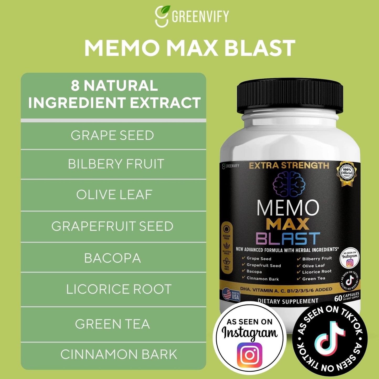 GREENVIFY Memo Max Blast Extra Strength Brain Supplement Capsule, 60 Capsules