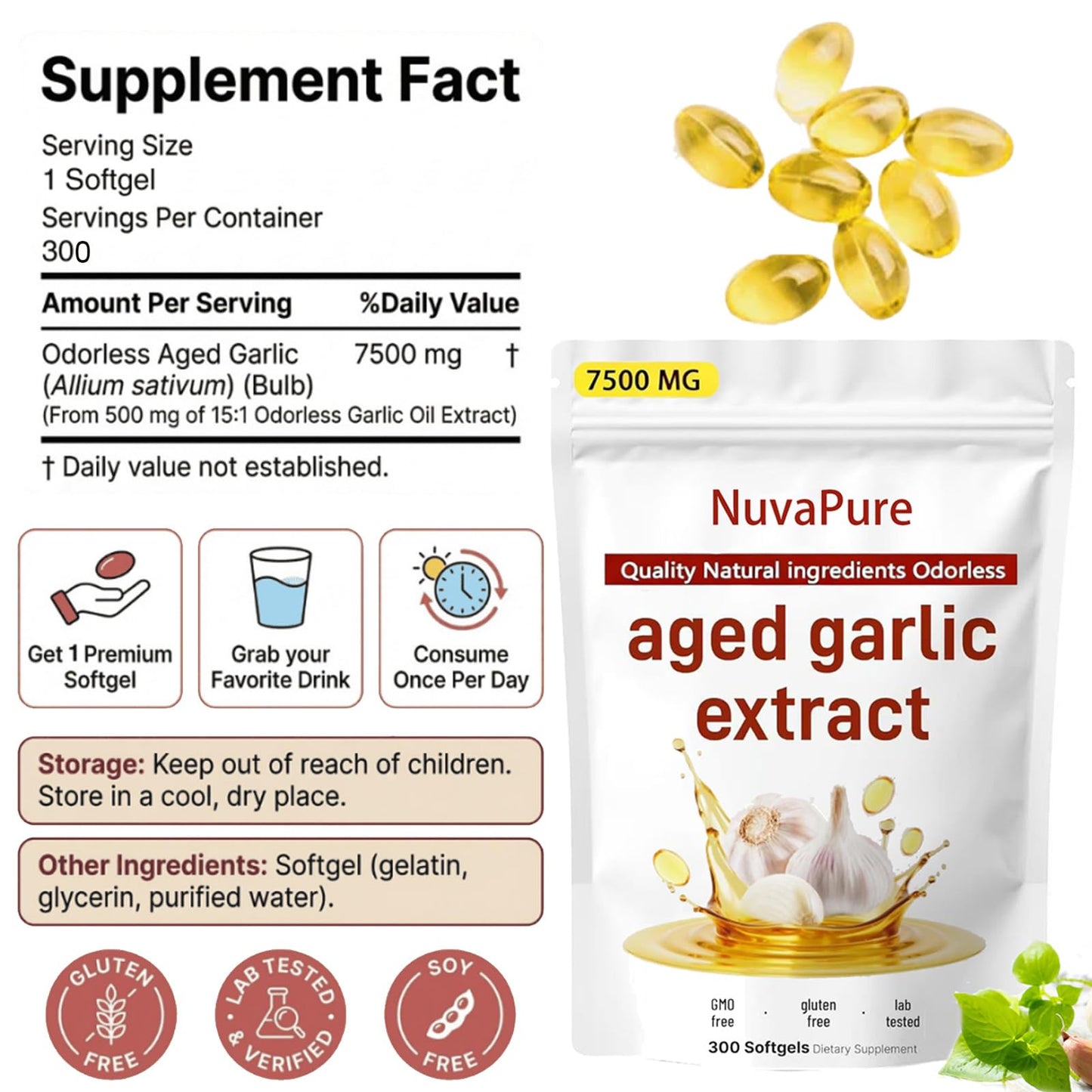 Final Putt Nuvapure Aged Garlic 24-Month Aged Garlic Extract Odorless Capsules, Non-GMO, 300 Capsules
