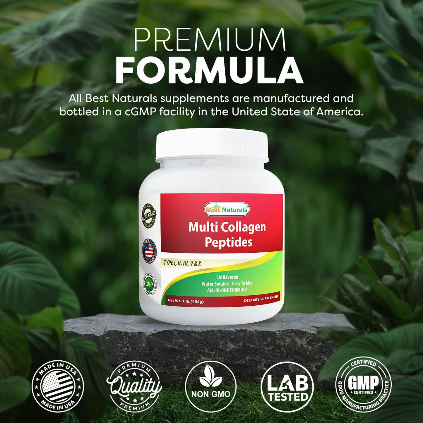 Best Naturals Multiple Collagen Peptides Protein Type I, II III, V & X Collagen Unflavored Powder, 1 Pound