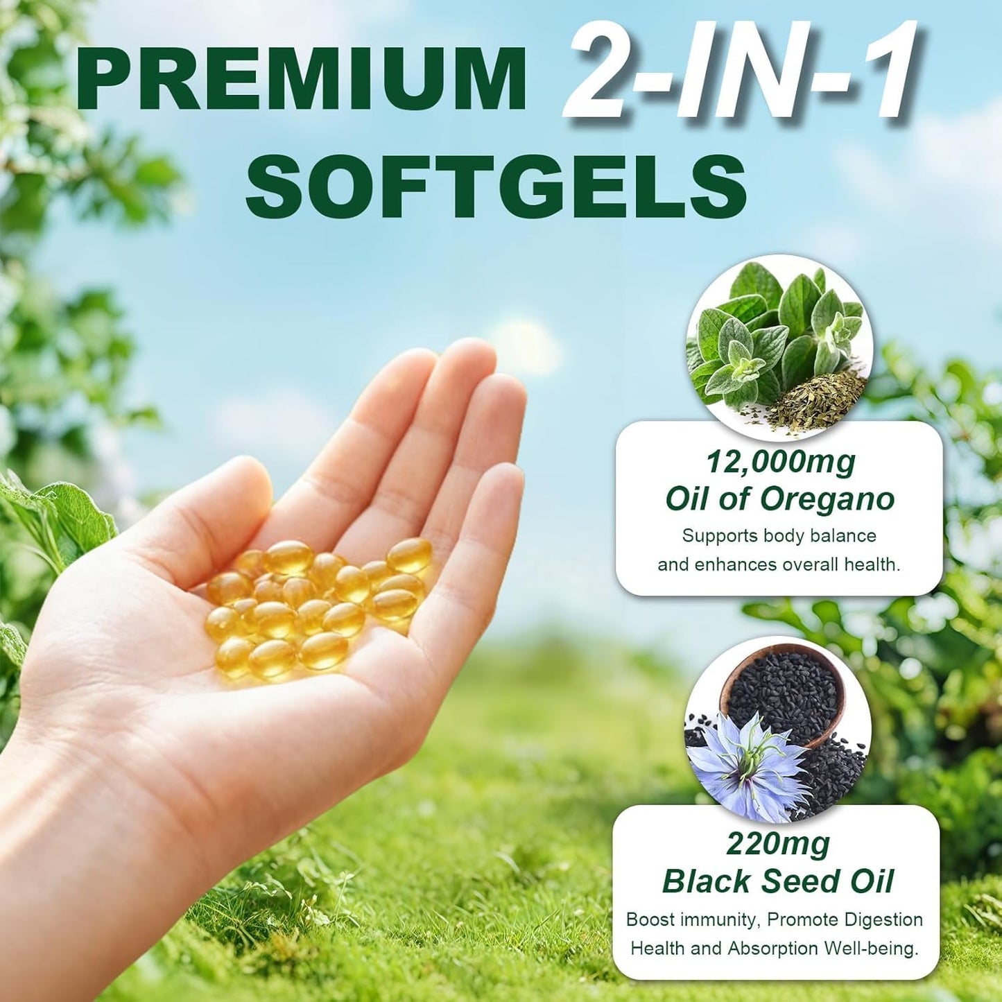 Keszciy Oil of Oregano with Black Seed Oil, 2 in 1 Oregano Supplement for Immune Health Softgels, 150 Count