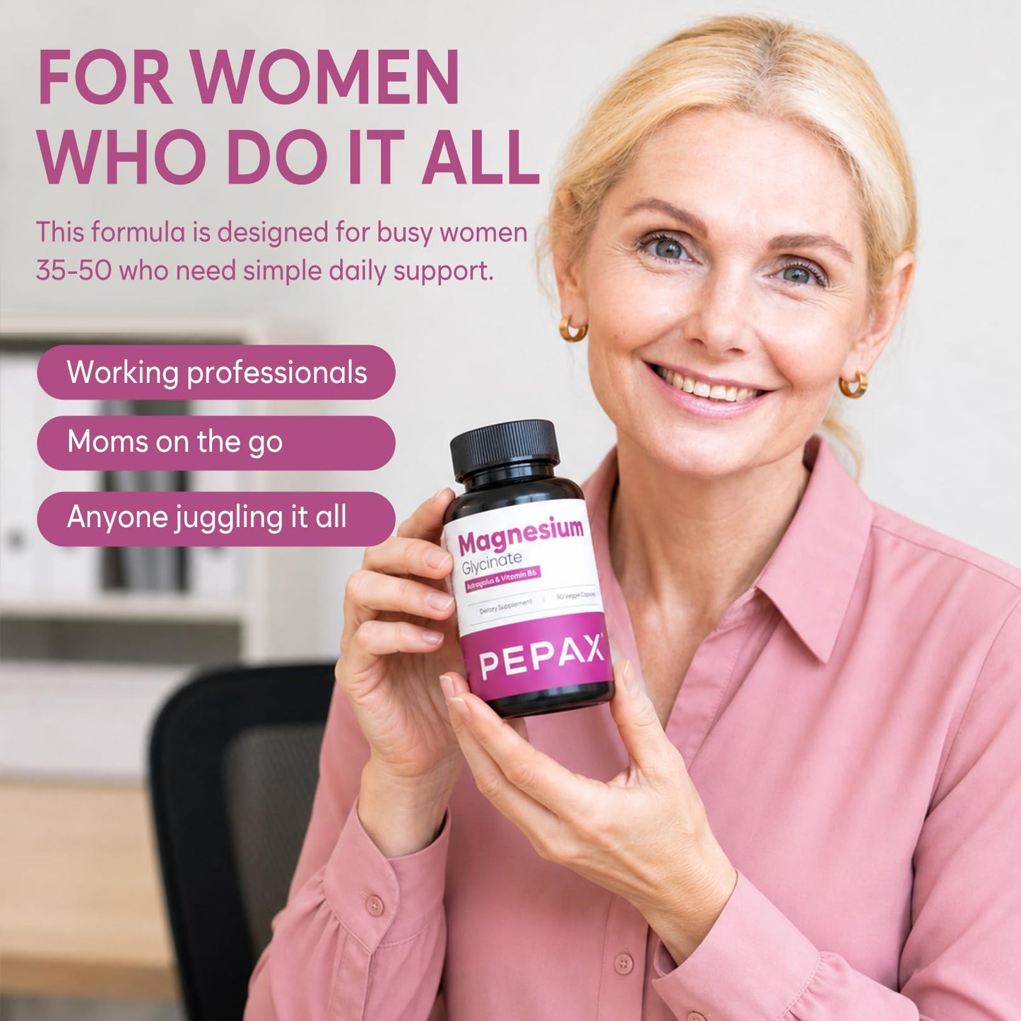 PEPAX Magnesium Glycinate for Women with B6 and Astragalus 300mg Capsules, 90 Count