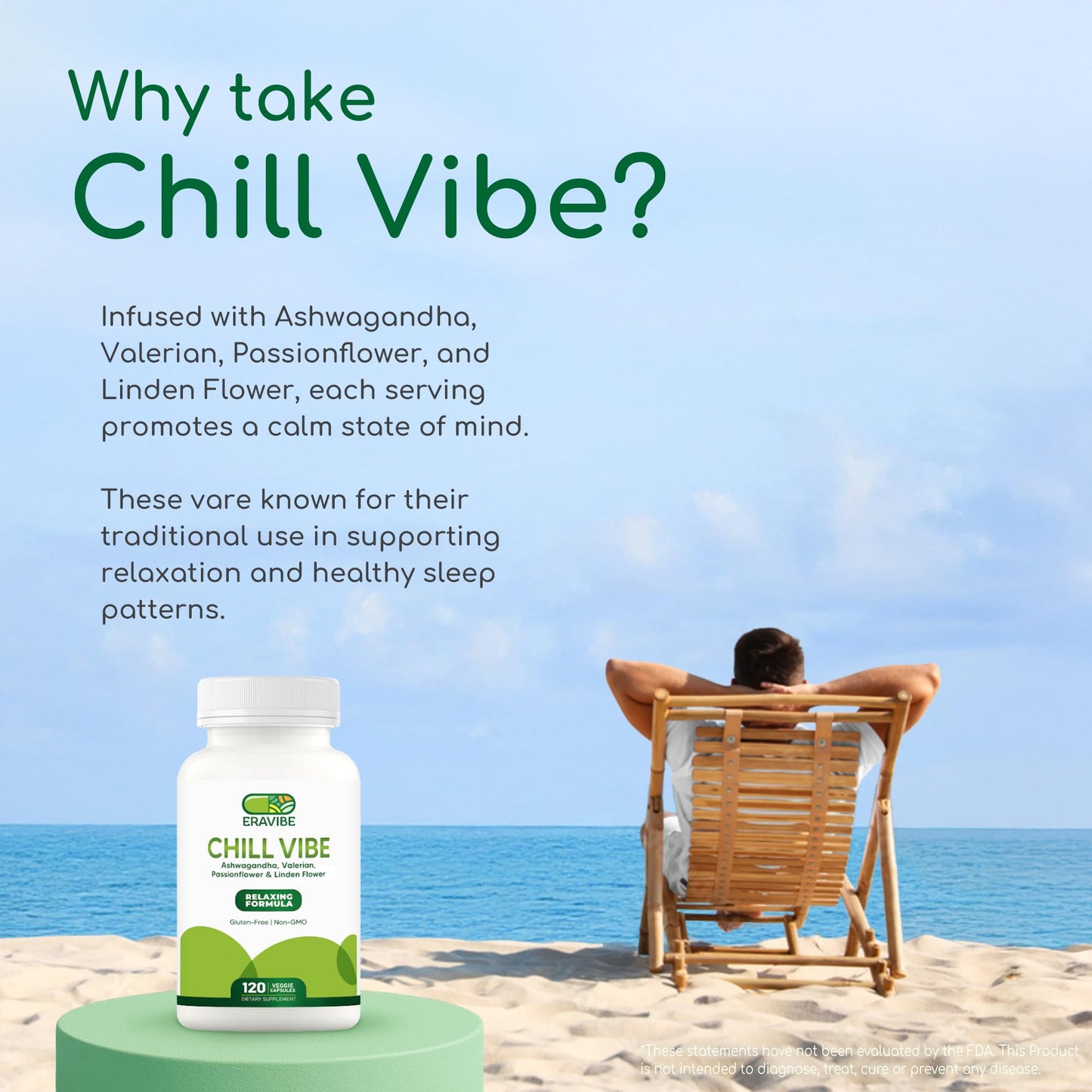 ERAVIBE Chill Vibe Herbal Blend with Ashwagandha, Valerian, Passionflower, Linden Flower & Vitamin B6 Veggie Capsules 120