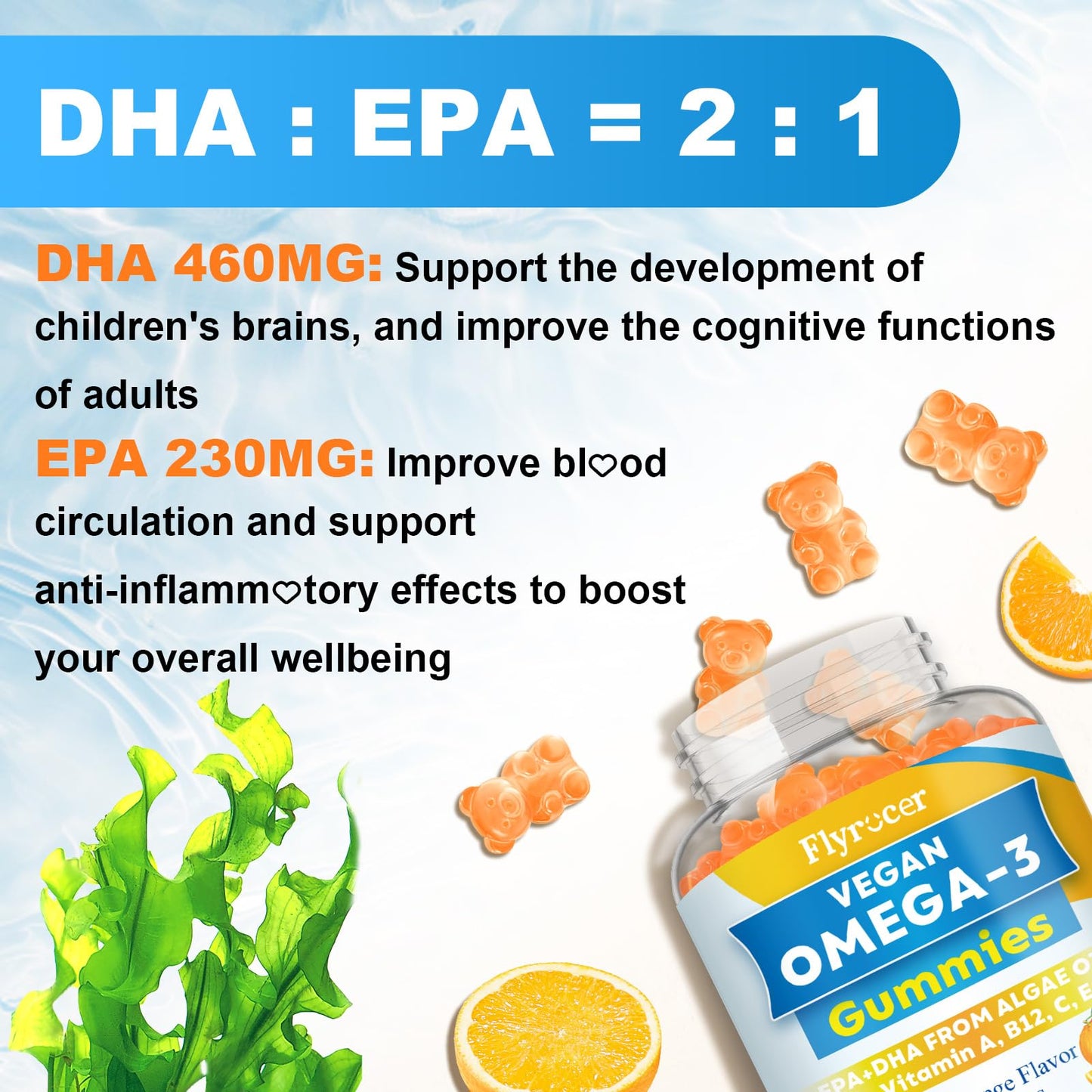 Flyrocer Vegan Omega-3 Gummies with Algal Oil DHA & EPA, 120 Gummies