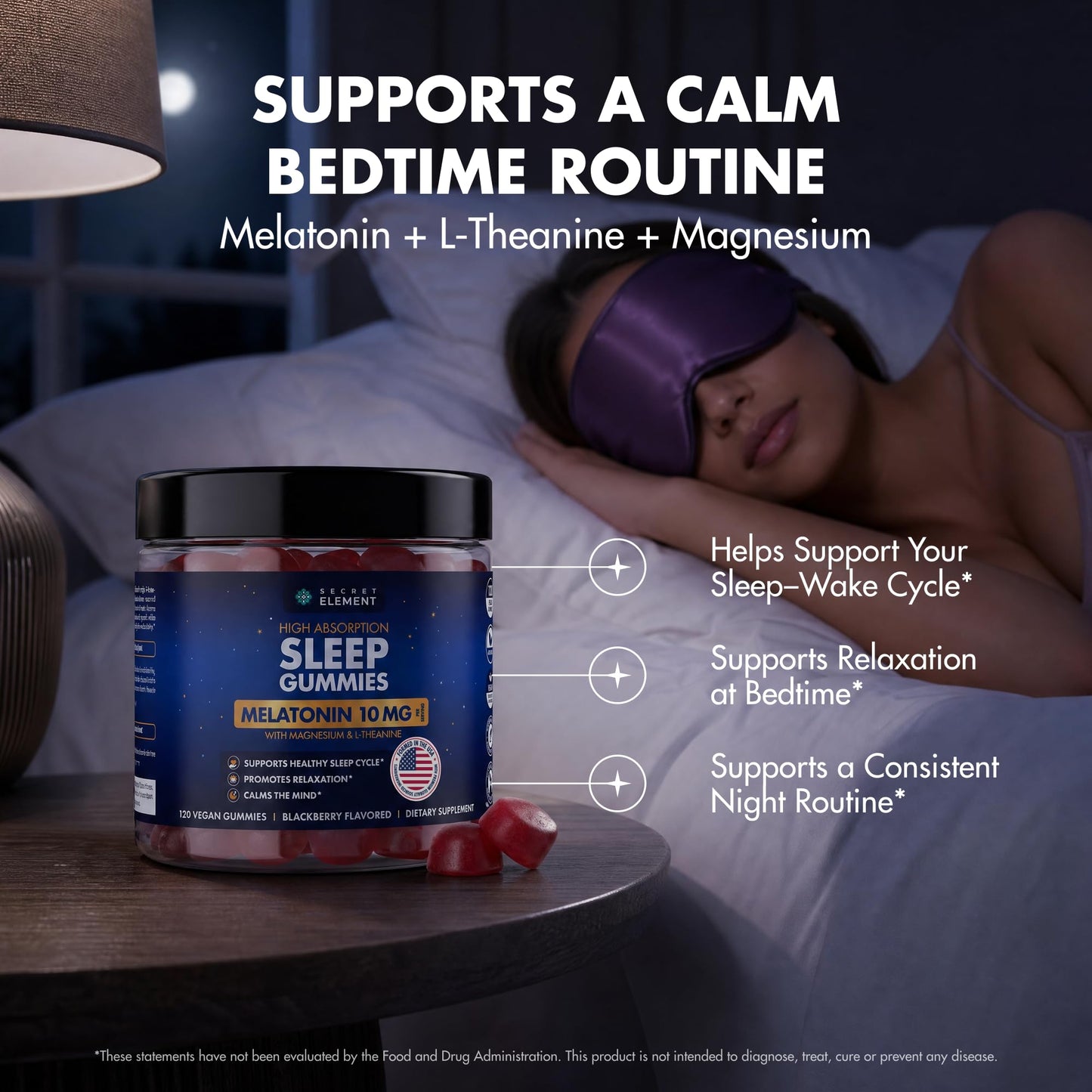 Secret Element Sleep Gummies – Nighttime Relaxation & Sleep Cycle Support with Melatonin 10 mg, Magnesium & L-Theanine – Vegan, Sugar Free, Non-GMO – BlackBerry, 120 Gummies