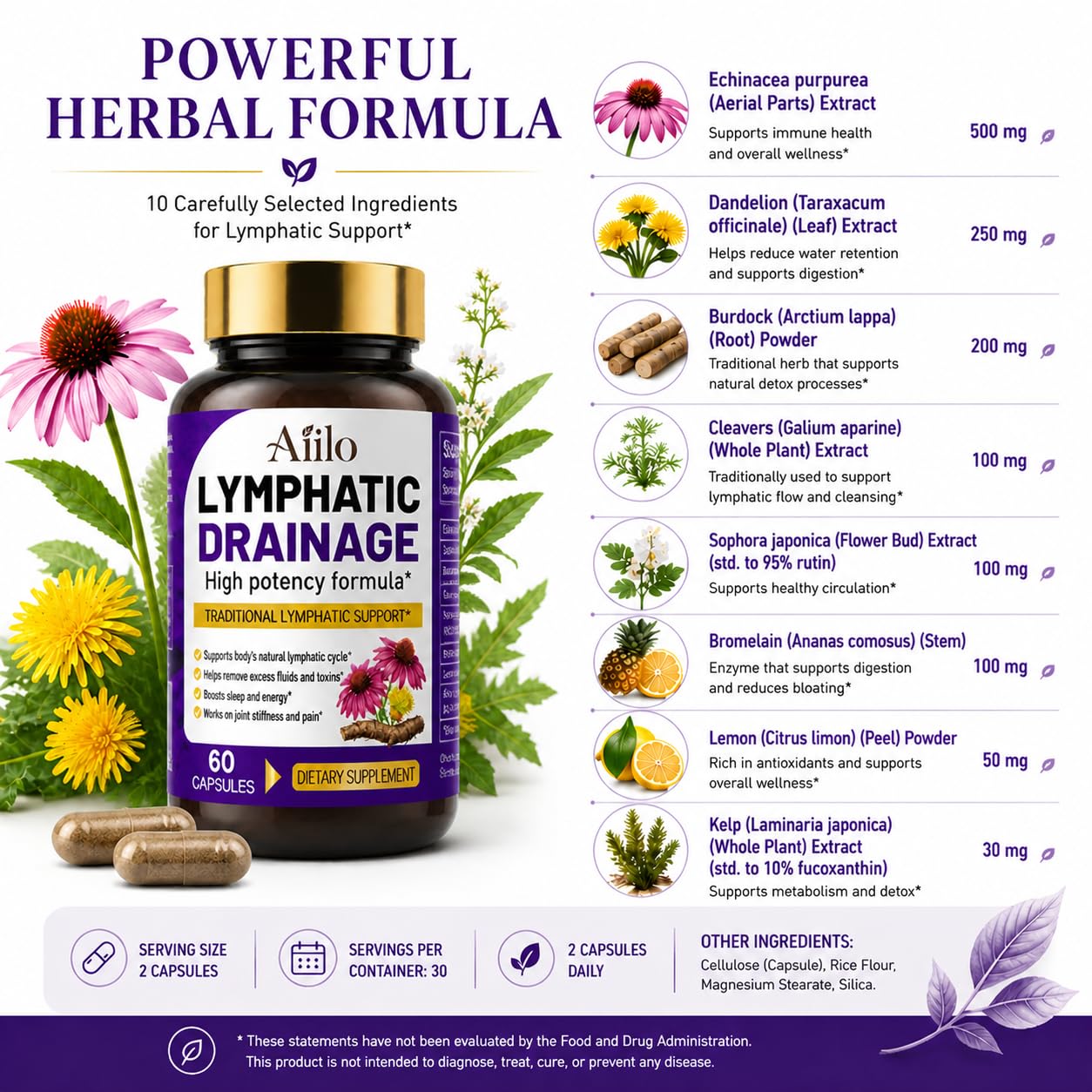 Aiilo Lymphatic Drainage Capsules – Herbal Supplement with Echinacea, Dandelion & Burdock Root, 60 Capsules