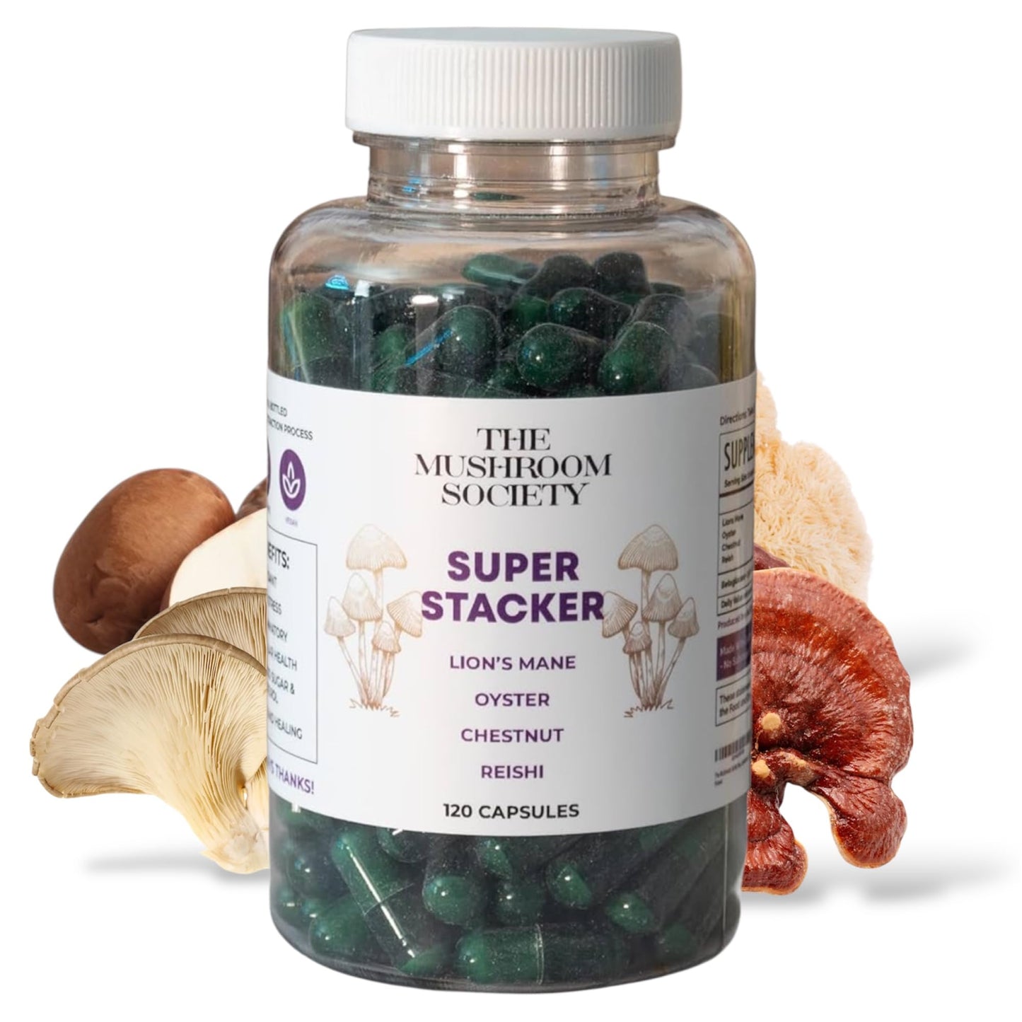 The Mushroom Society Super Stacker 4-in-1 Mushroom Supplement Wellness Blend Capsules 120