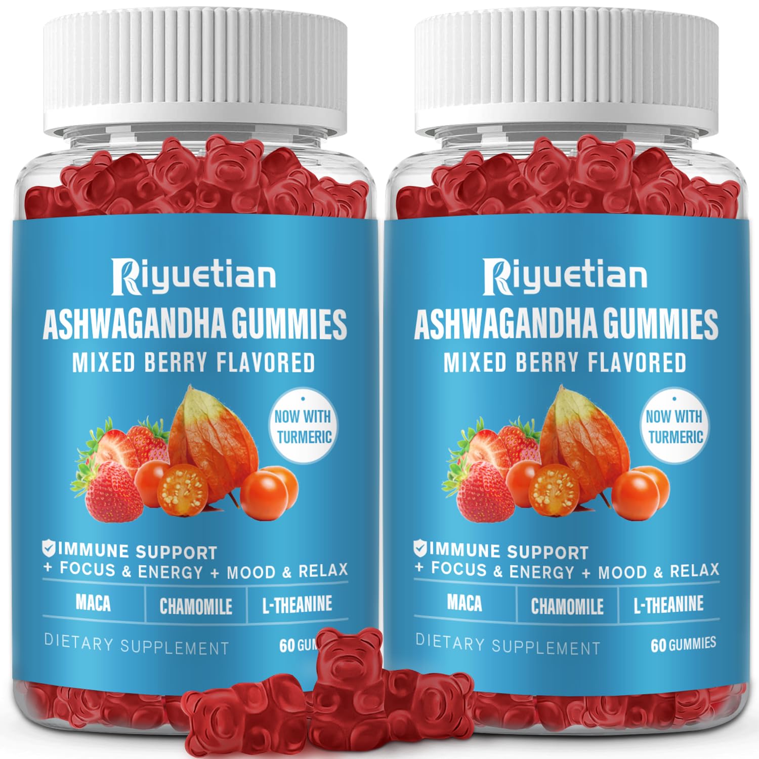 Riyuetian Organic Ashwagandha Gummies (KSM-66) with Turmeric Extract, L-Theanine & Vitamin B12, 120 Count