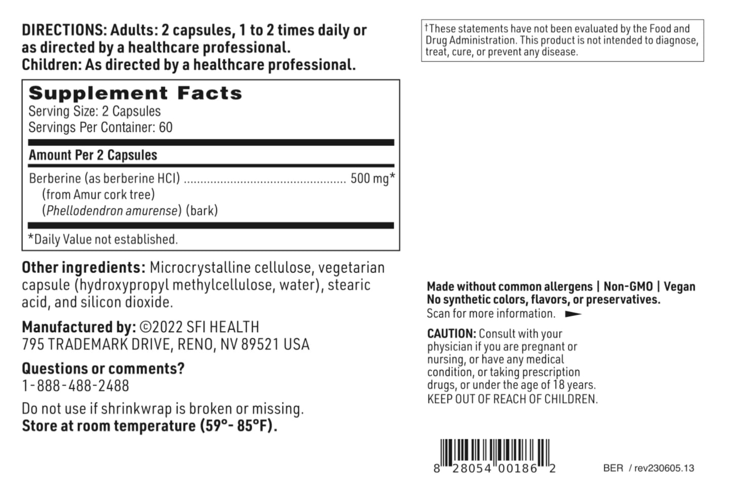 SFI Health Berberine HCI 500mg Capsule, 120 Count