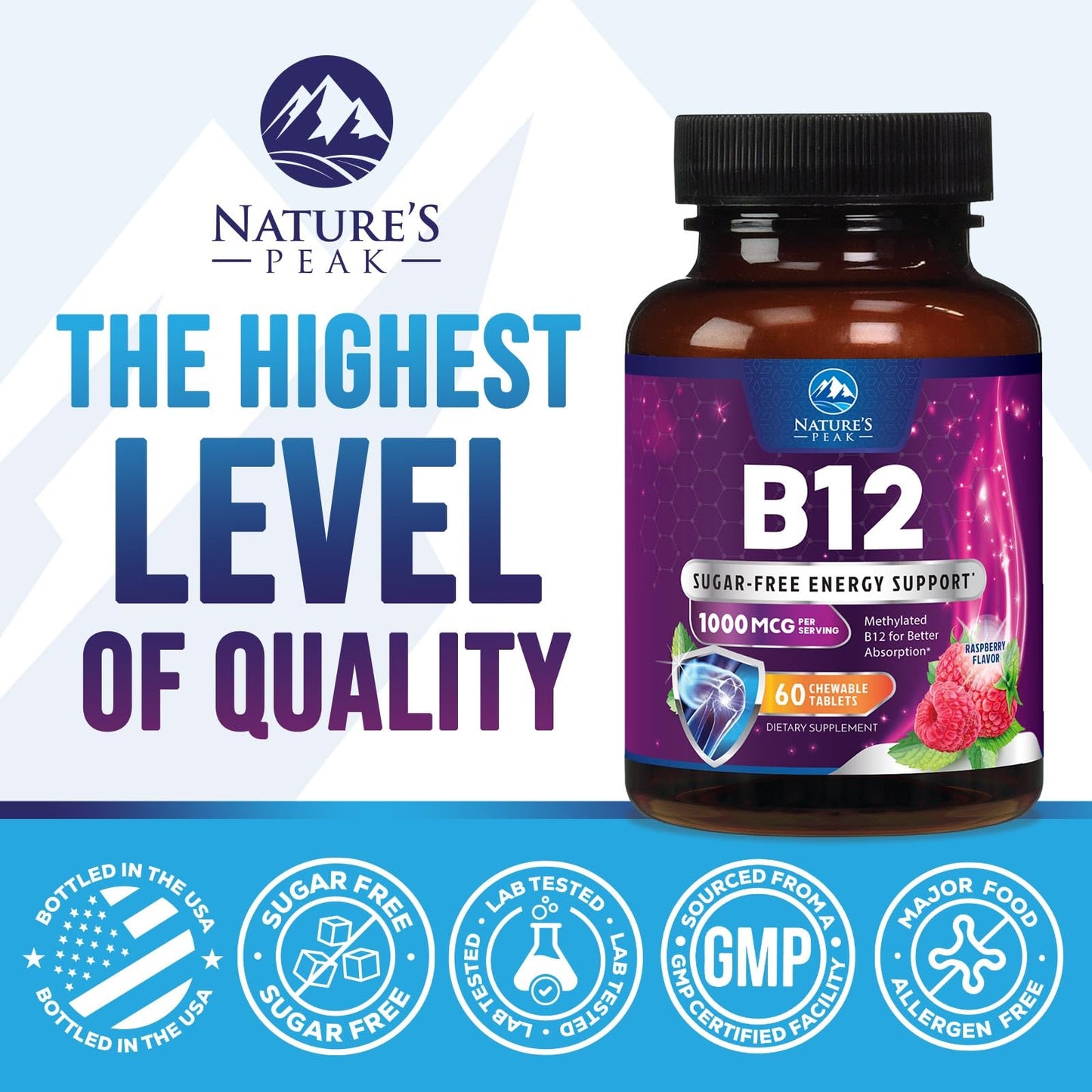 Nature's Peak Vitamin B12 Complex (Methylcobalamin) 1000 mcg - 3X Strength B12, Tablet, 60 Count