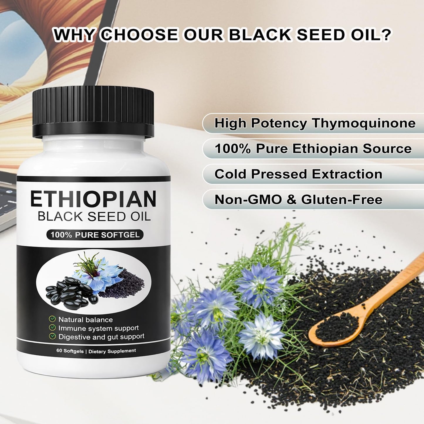 GraviGlow Ethiopian Black Seed Oil Softgels with 4.64% Thymoquinone, Organic Cold-Pressed Black Cumin Seed Oil, 1 Count