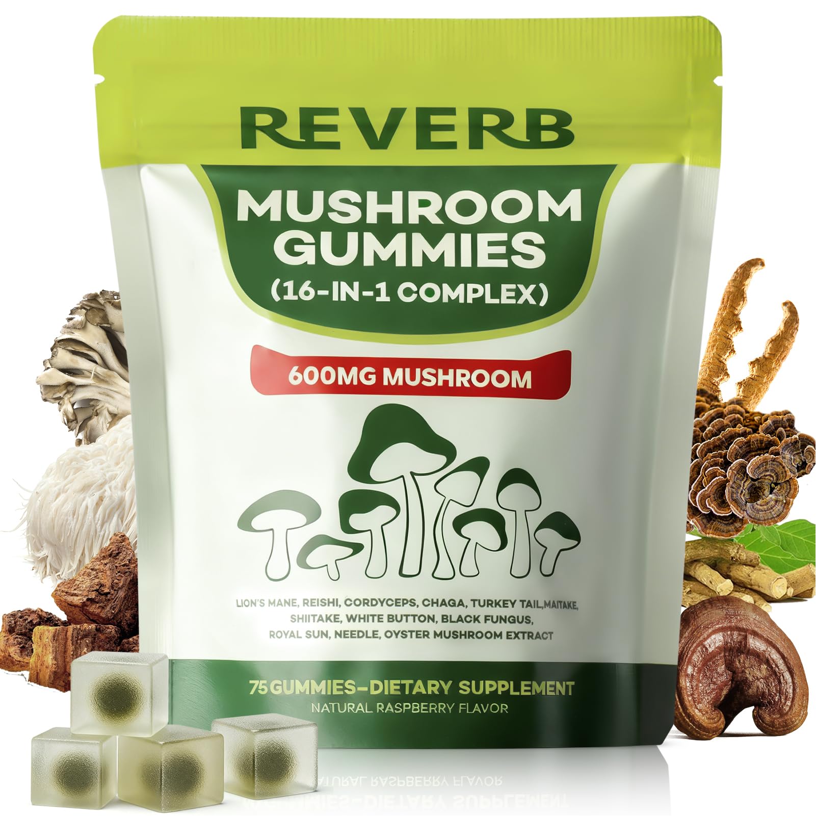 REVERB Mushroom Gummies 16-In-1 Mushroom Blend With Ashwagandha for Brain Health, Memory & Focus, Energy, 75 Gummies