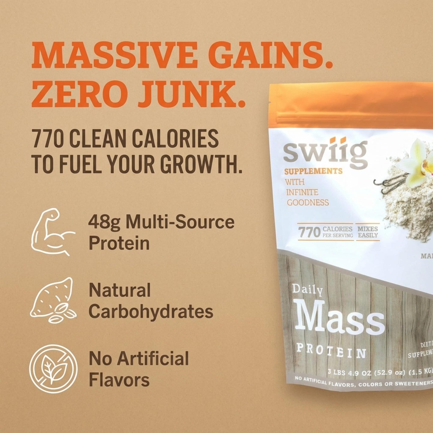 Swiig Mass Builder Protein Powder, Madagascar Vanilla, 52.8 oz